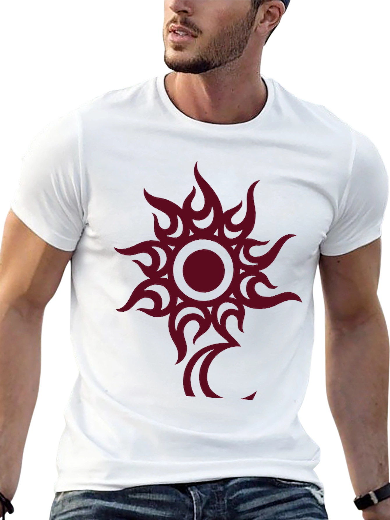 Black Tee with Tribal Sun Graphic Print
