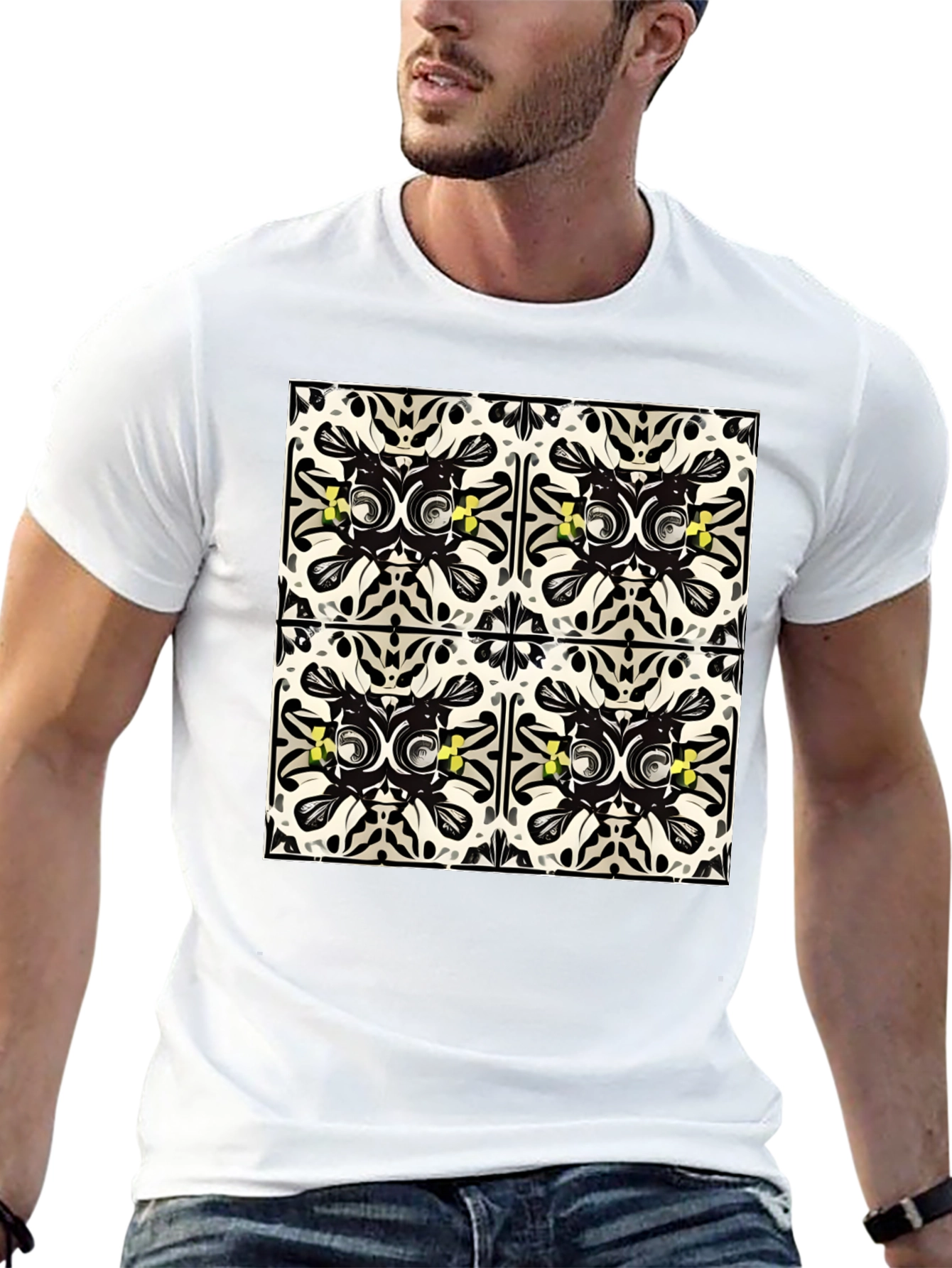 Geometric Tile Print Black T-Shirt