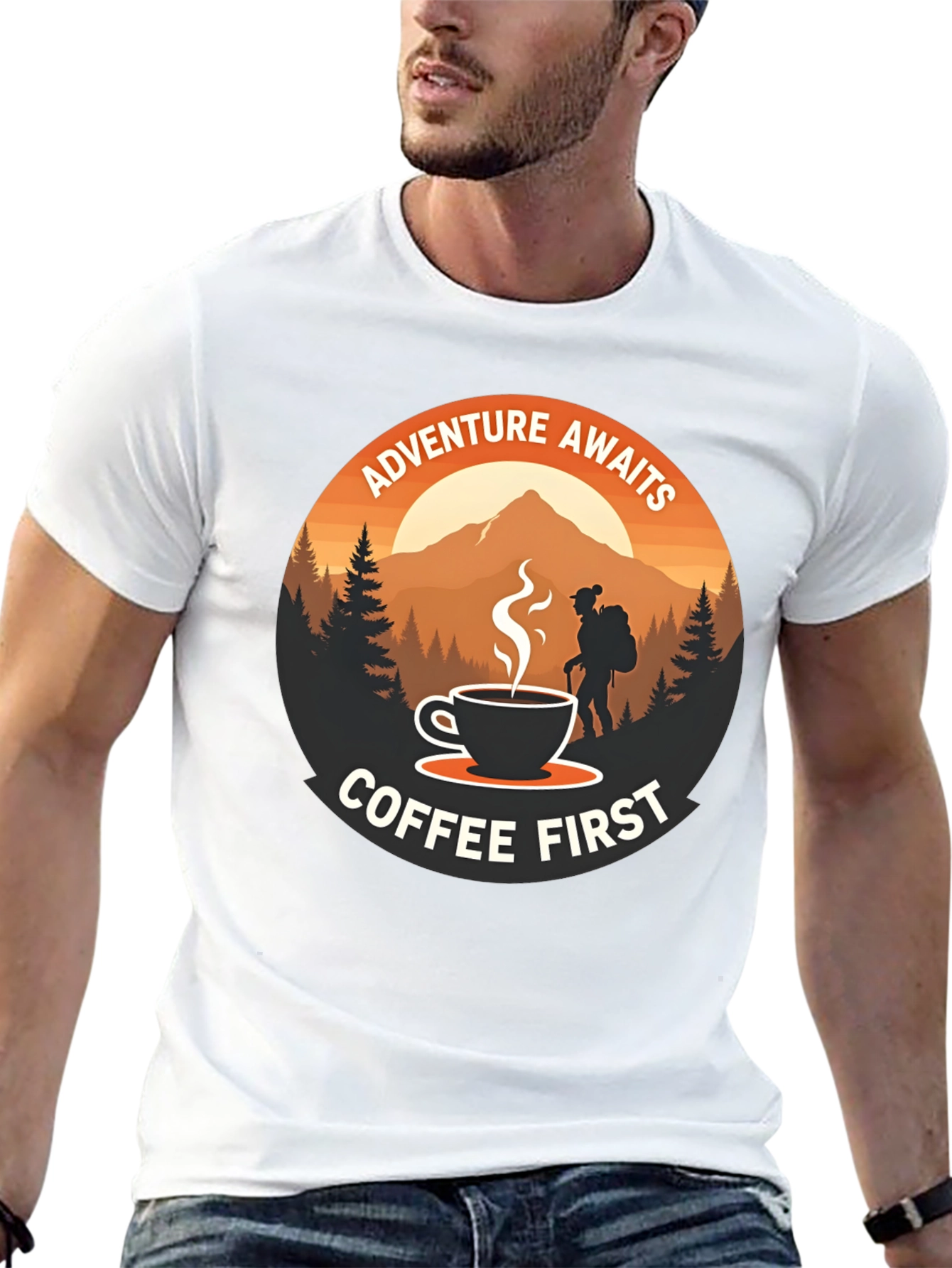 Adventure Awaits Coffee First Graphic Tee
