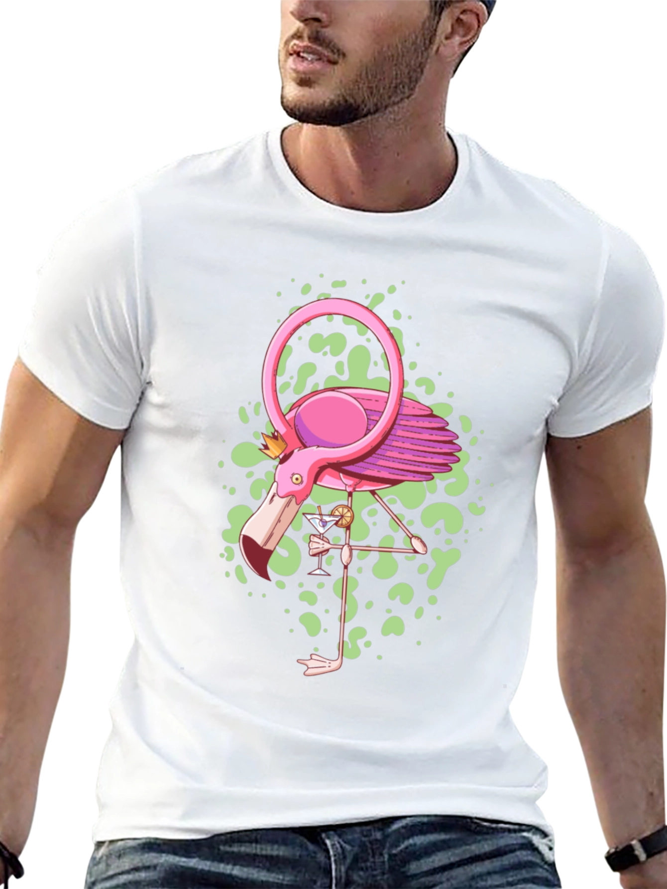 Whimsical Flamingo Graphic Tee - Black Cotton Blend