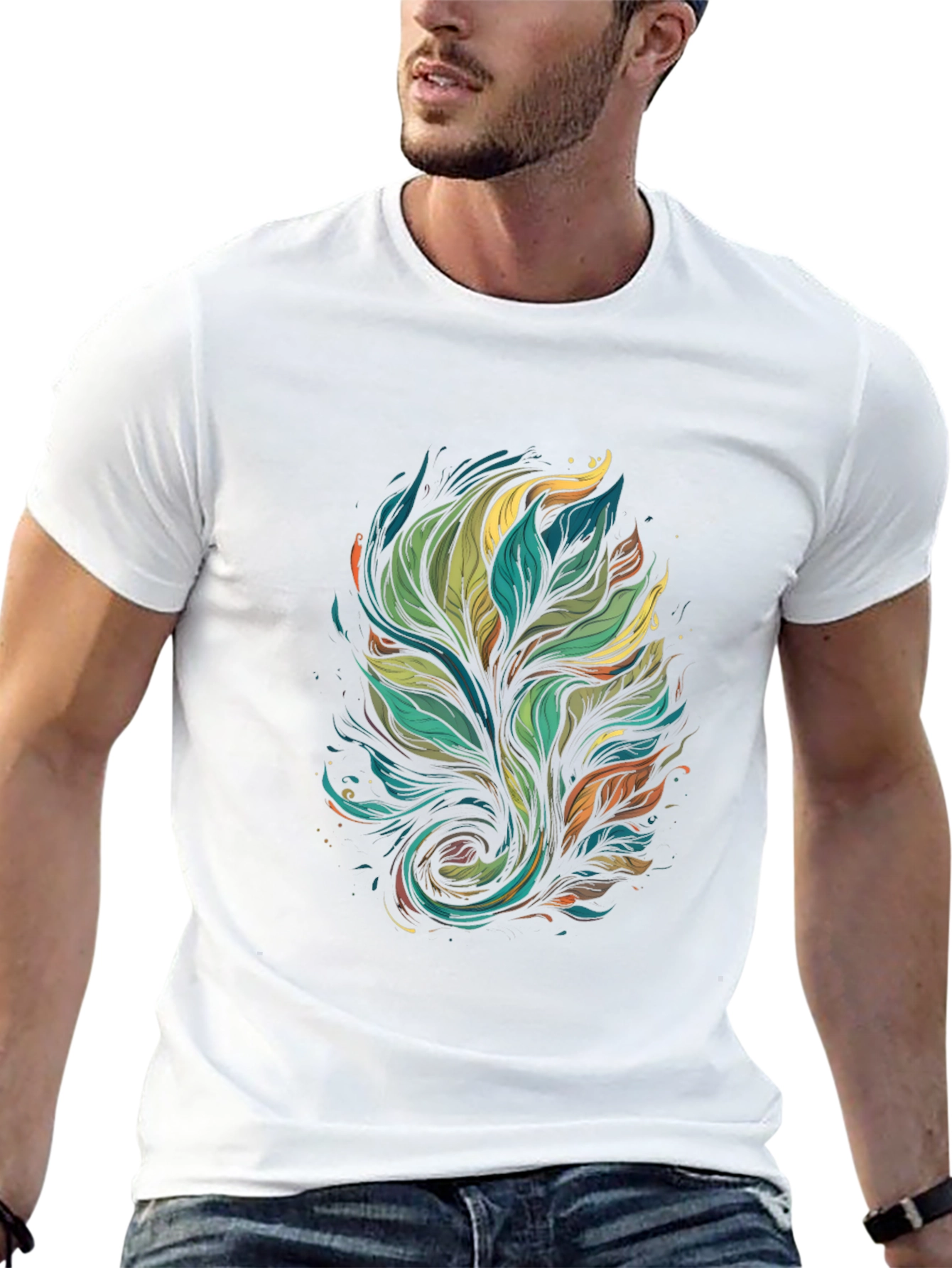 Mens Black T-Shirt with Abstract Leaf Design