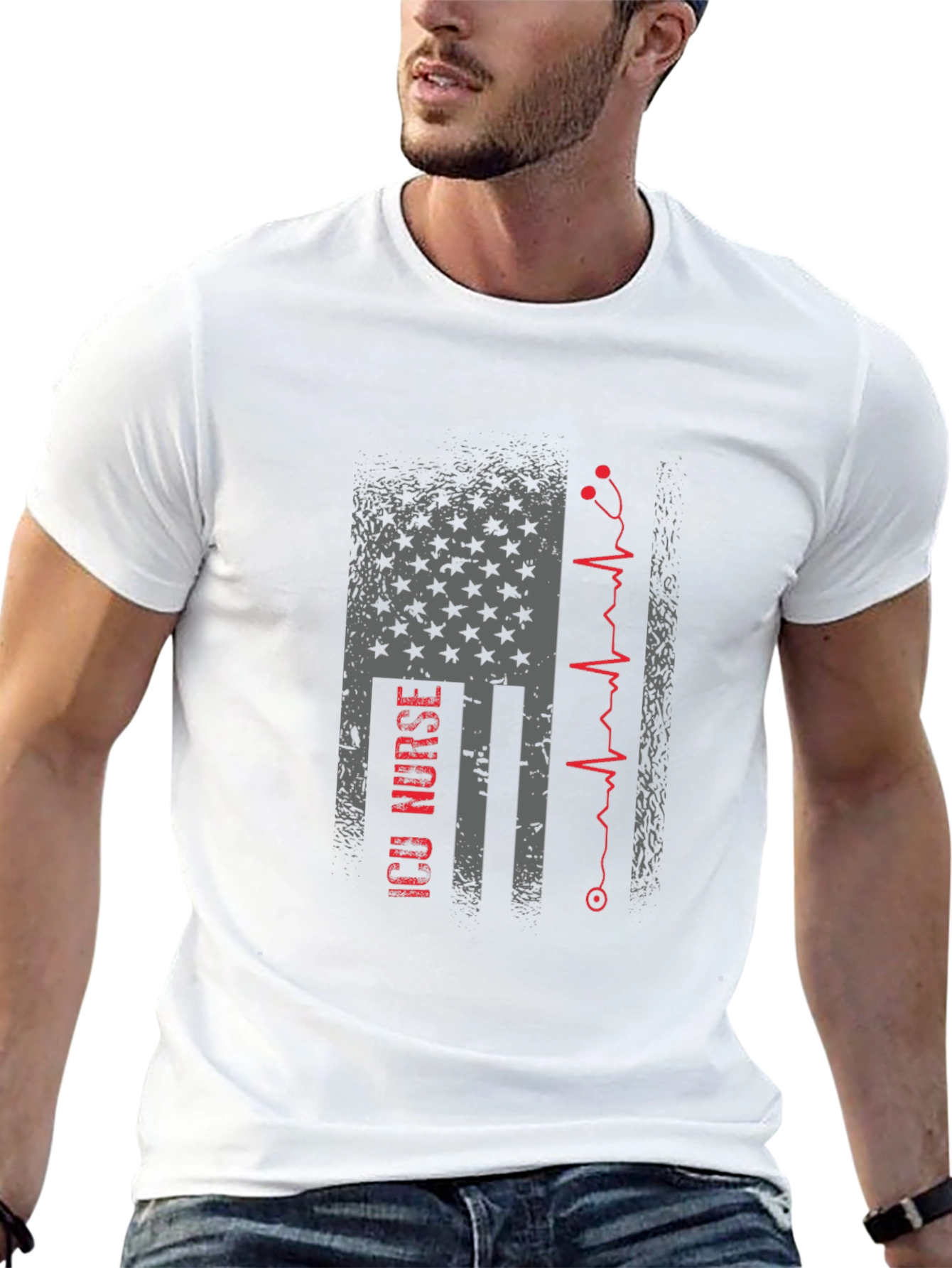 ICU Nurse American Flag Stethoscope T-Shirt