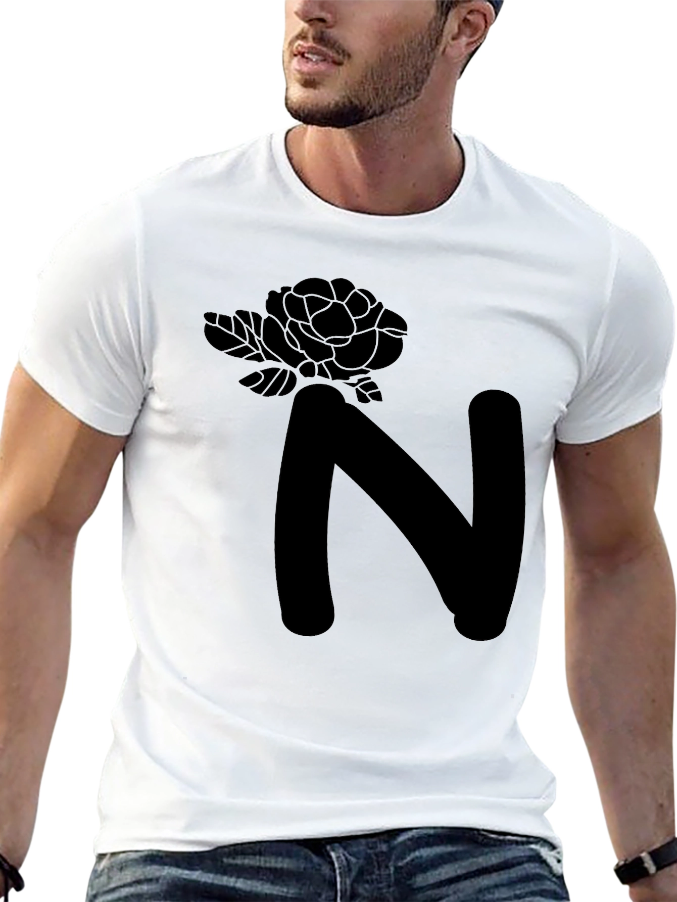Floral N Letter Graphic Black T-Shirt