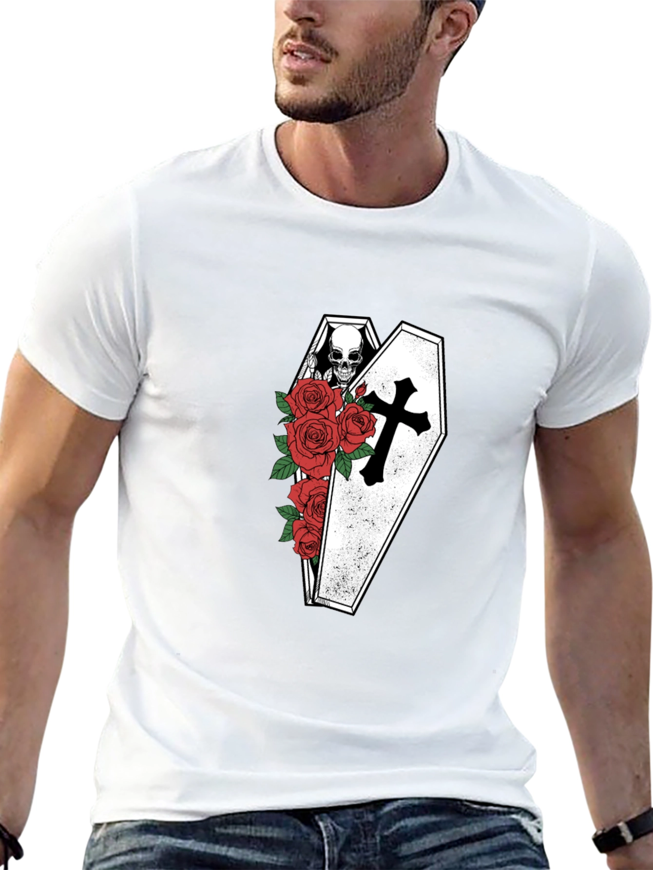 Gothic Skull Coffin & Roses T-Shirt