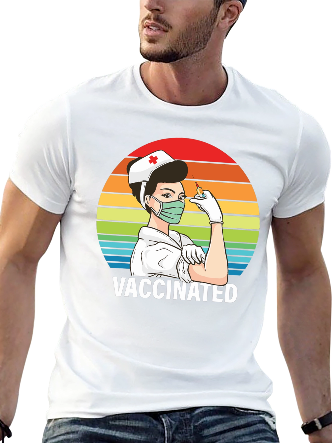 Vaccinated Nurse T-Shirt - Retro Rainbow Design