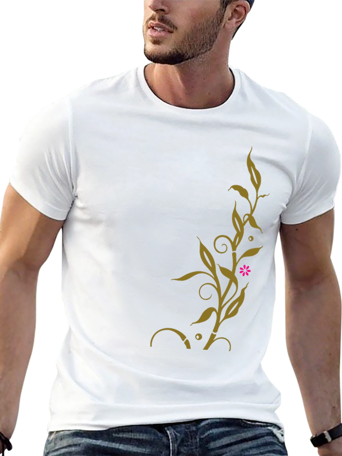 Black T-Shirt with Golden Floral Vine Design