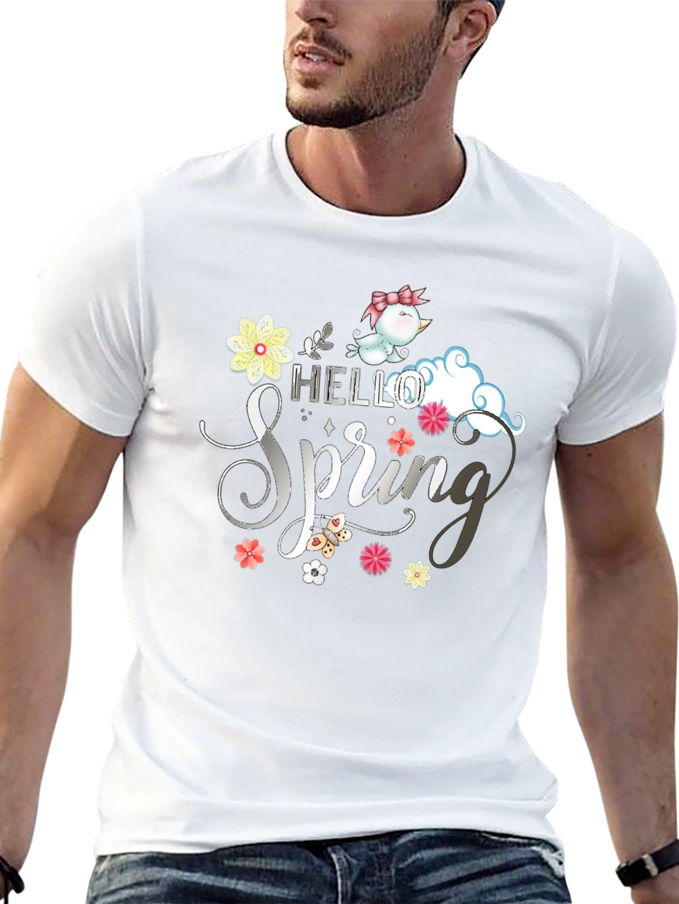 Hello Spring T-Shirt: Cute Bird & Floral Design