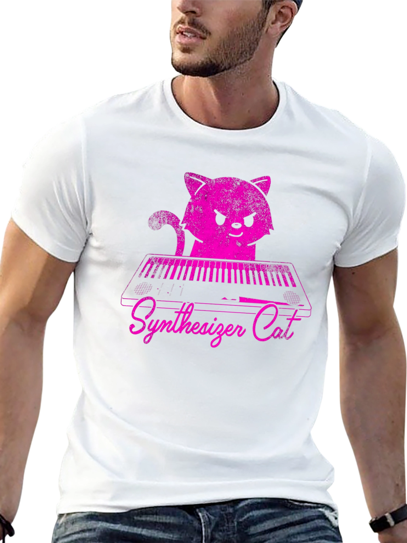 Synthesizer Cat T-Shirt - Pink Graphic Tee