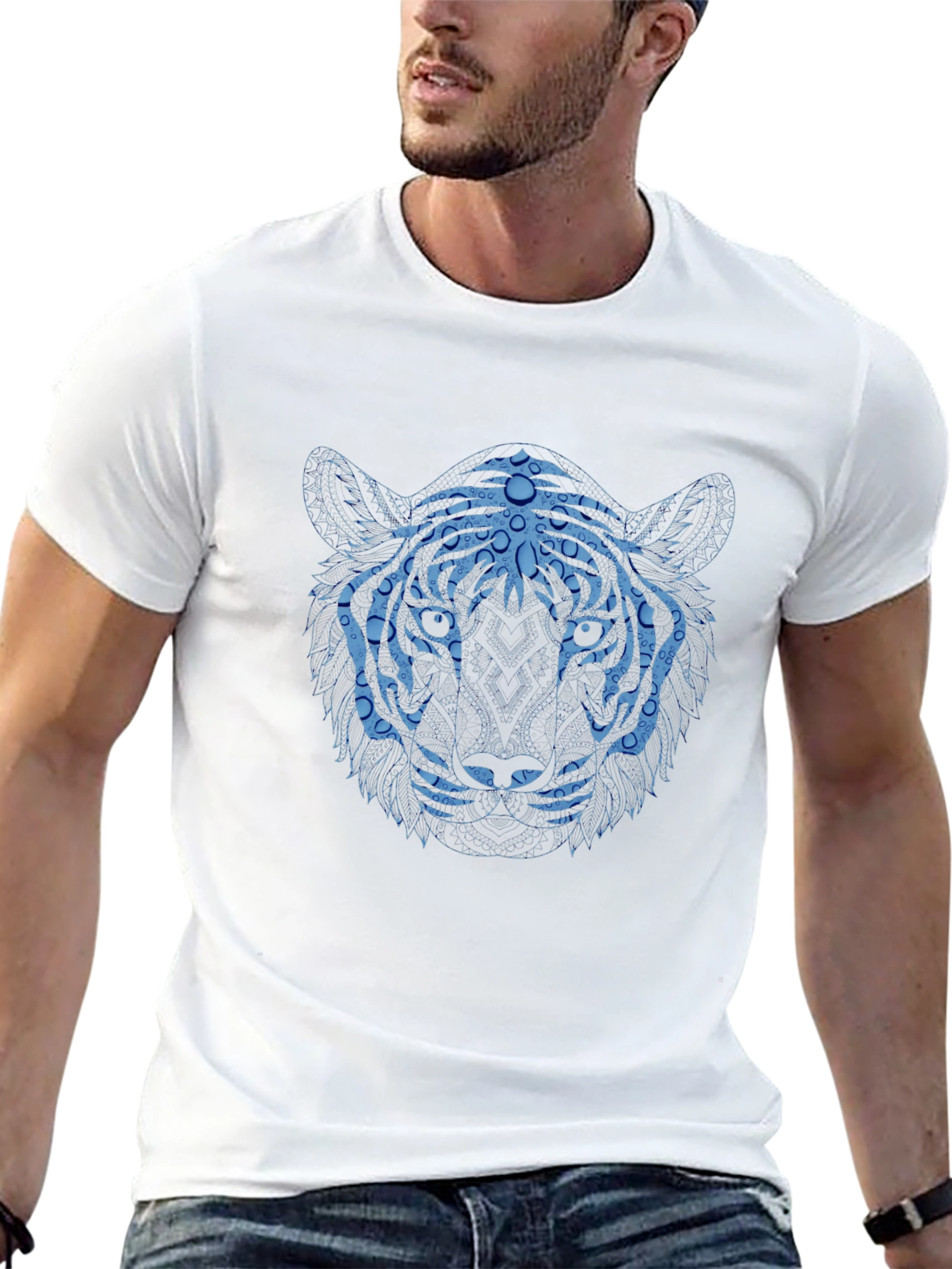 Blue Tiger Graphic Print Black T-Shirt