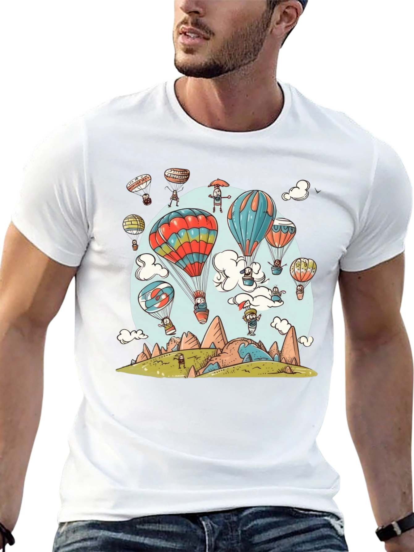 Cartoon Hot Air Balloon Graphic Tee - Black