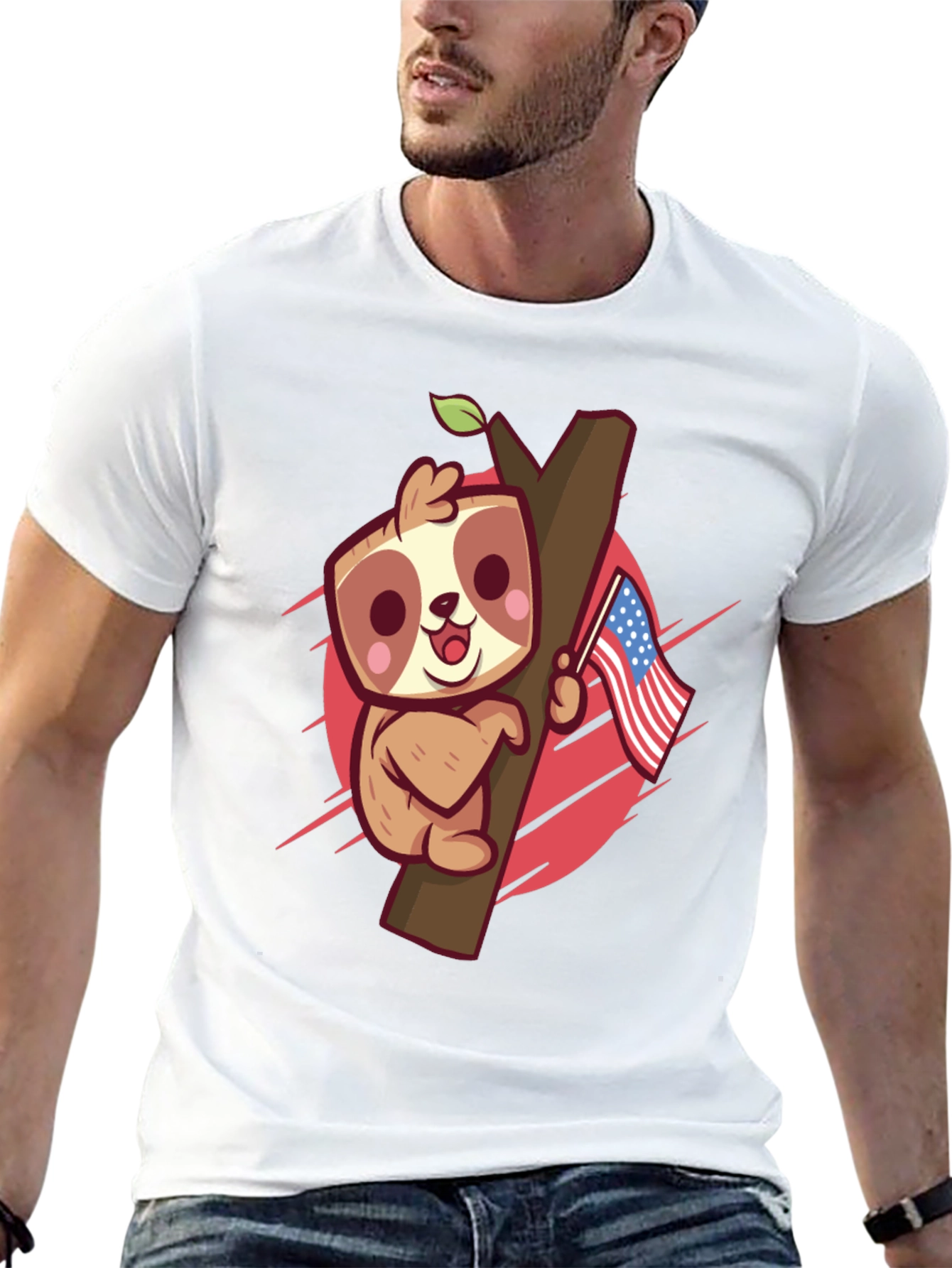 Cute Sloth Holding US Flag Graphic Tee