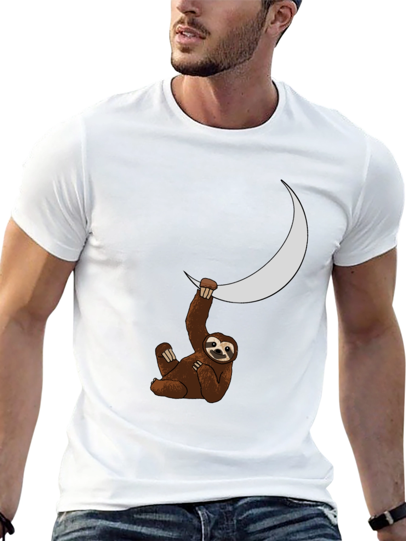Sloth Moon Graphic Tee - Black Casual T-Shirt