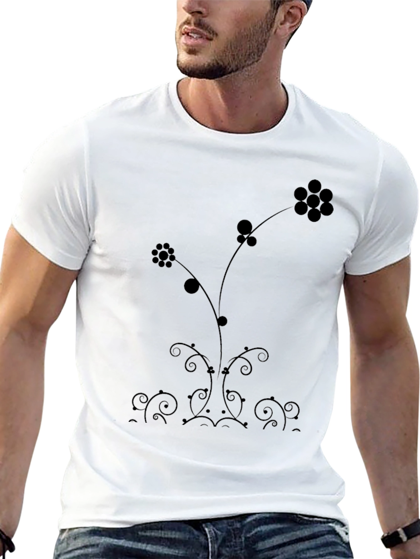 Elegant Floral Print Black T-Shirt