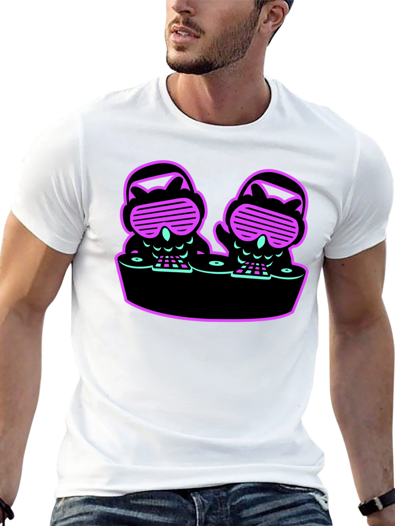 DJ Owls Graphic Tee - Unique Neon Design