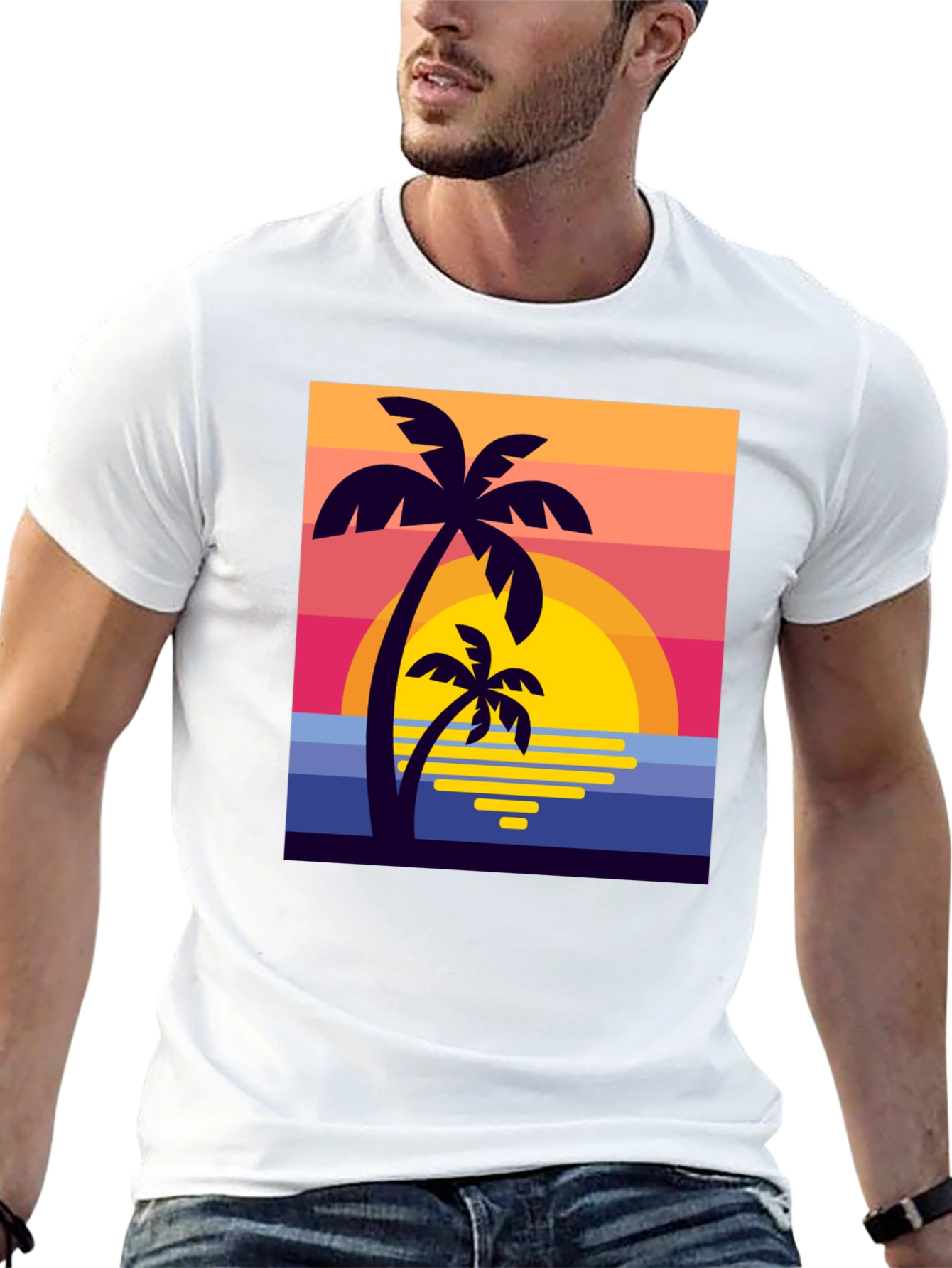 Retro Sunset Palm Tree Graphic Tee - Black
