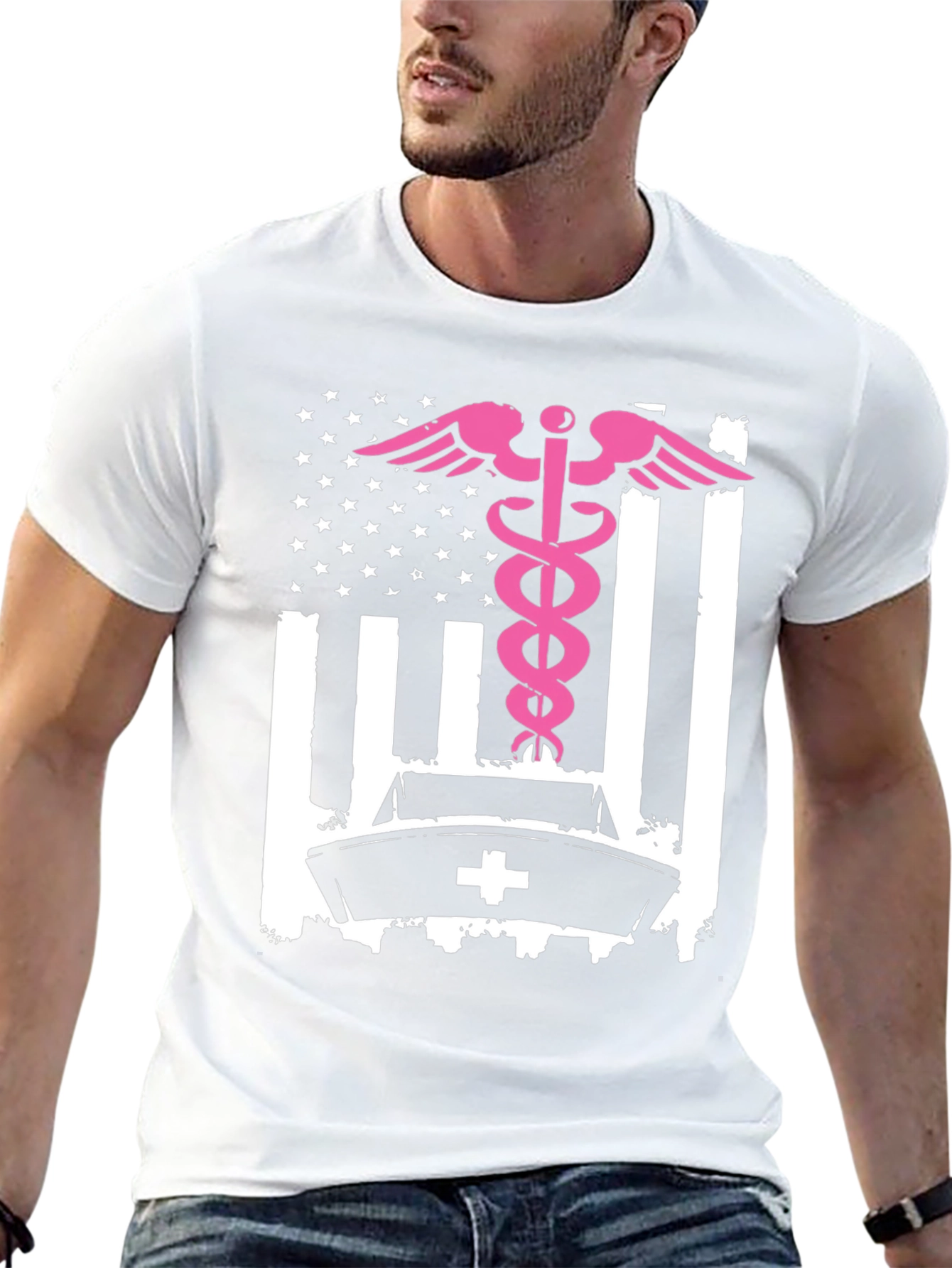 Nurse American Flag T-Shirt - Pink Caduceus Design