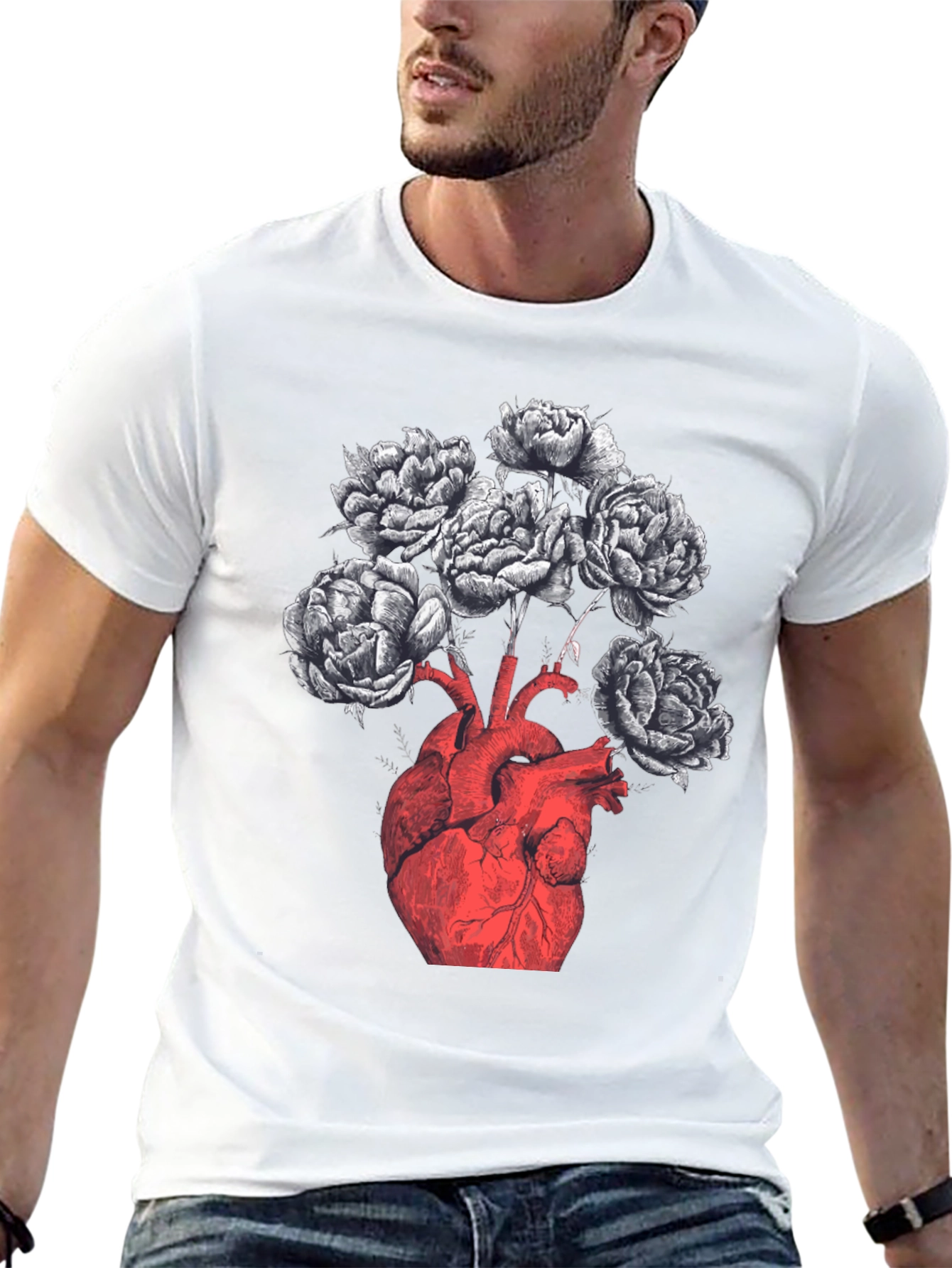 Anatomical Heart & Floral Black Graphic Tee