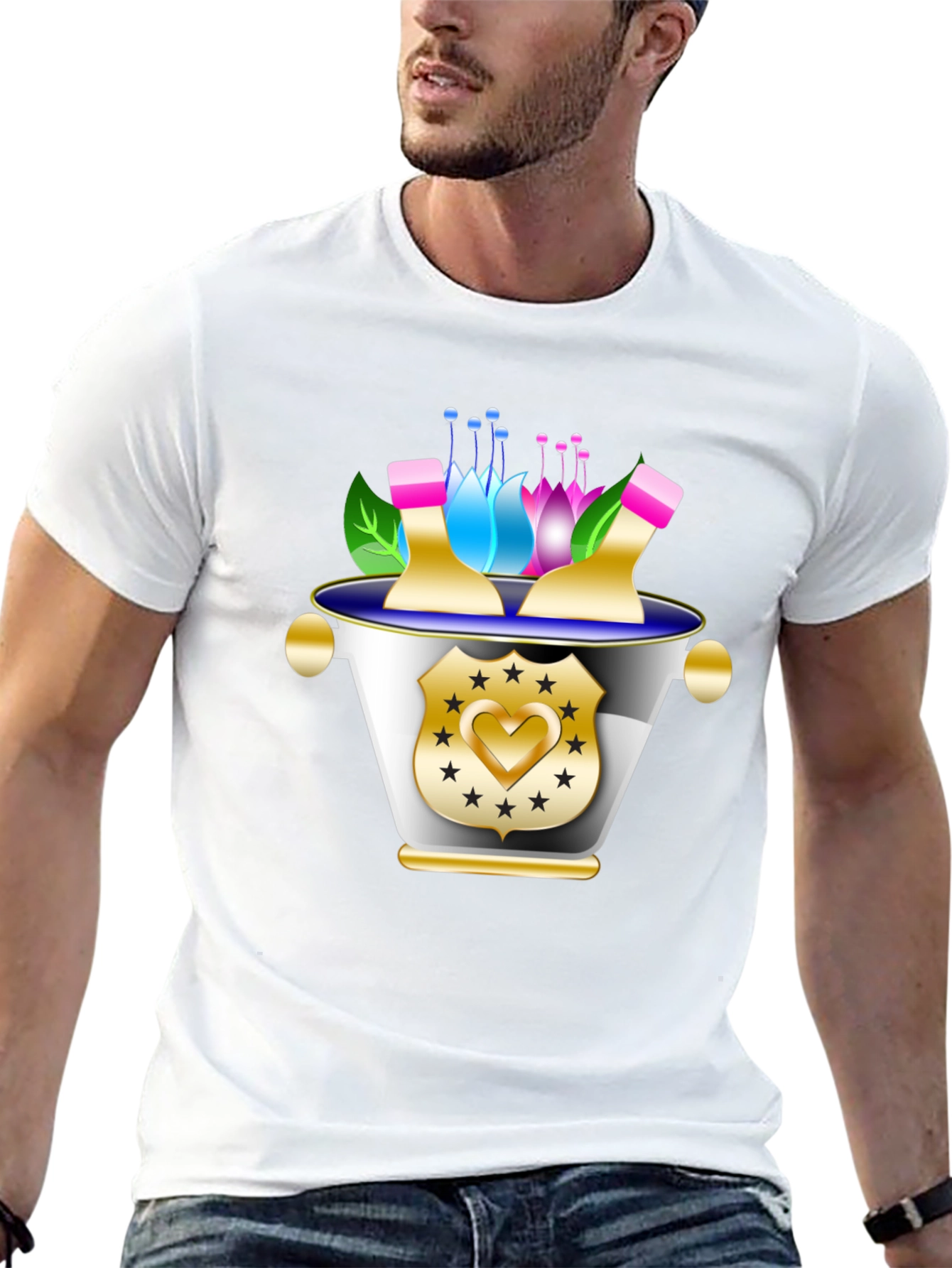 Floral Badge Graphic Tee - Stylish Black T-Shirt