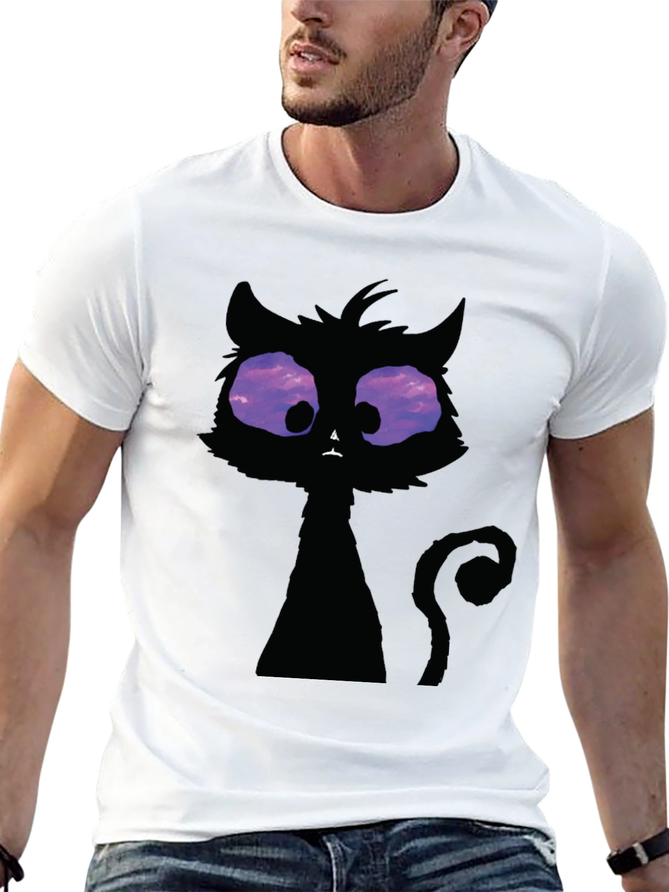 Whimsical Cat T-Shirt: Black Crew Neck with Unique Design