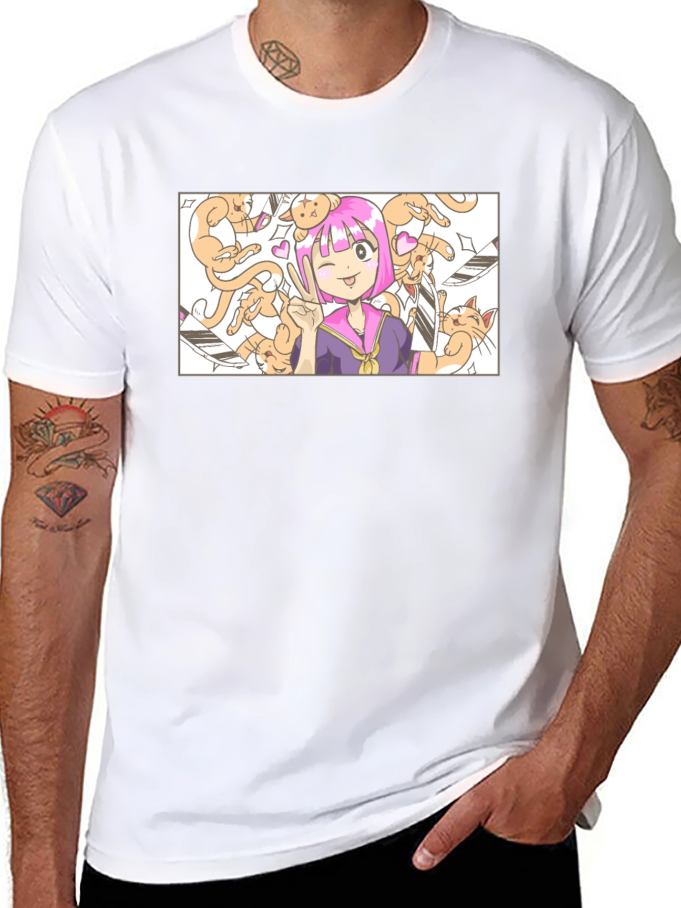 Anime Girl with Cats T-Shirt - Black