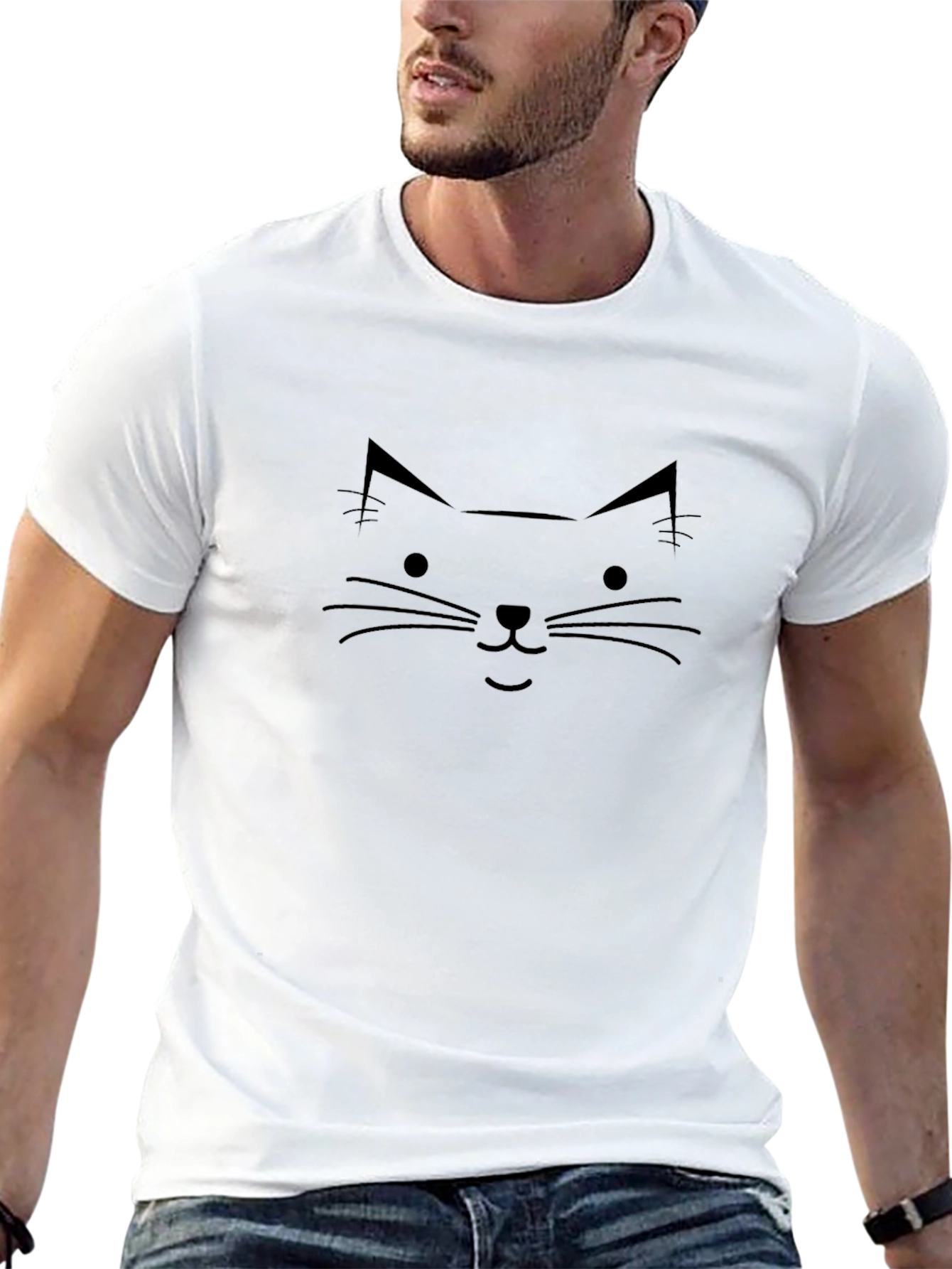 Minimalist Cat Face Graphic Black T-Shirt