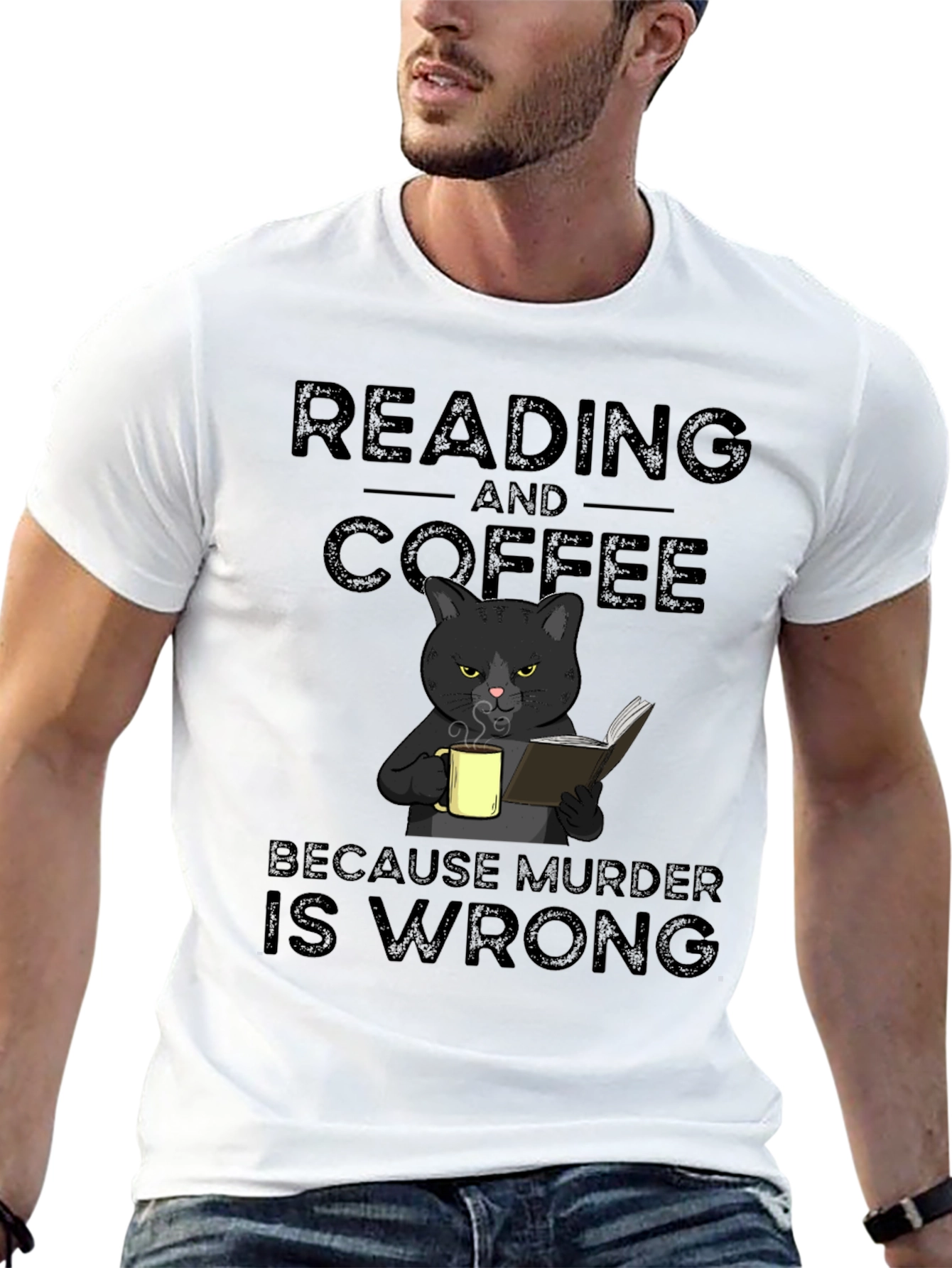 Reading and Coffee Cat Graphic T-Shirt