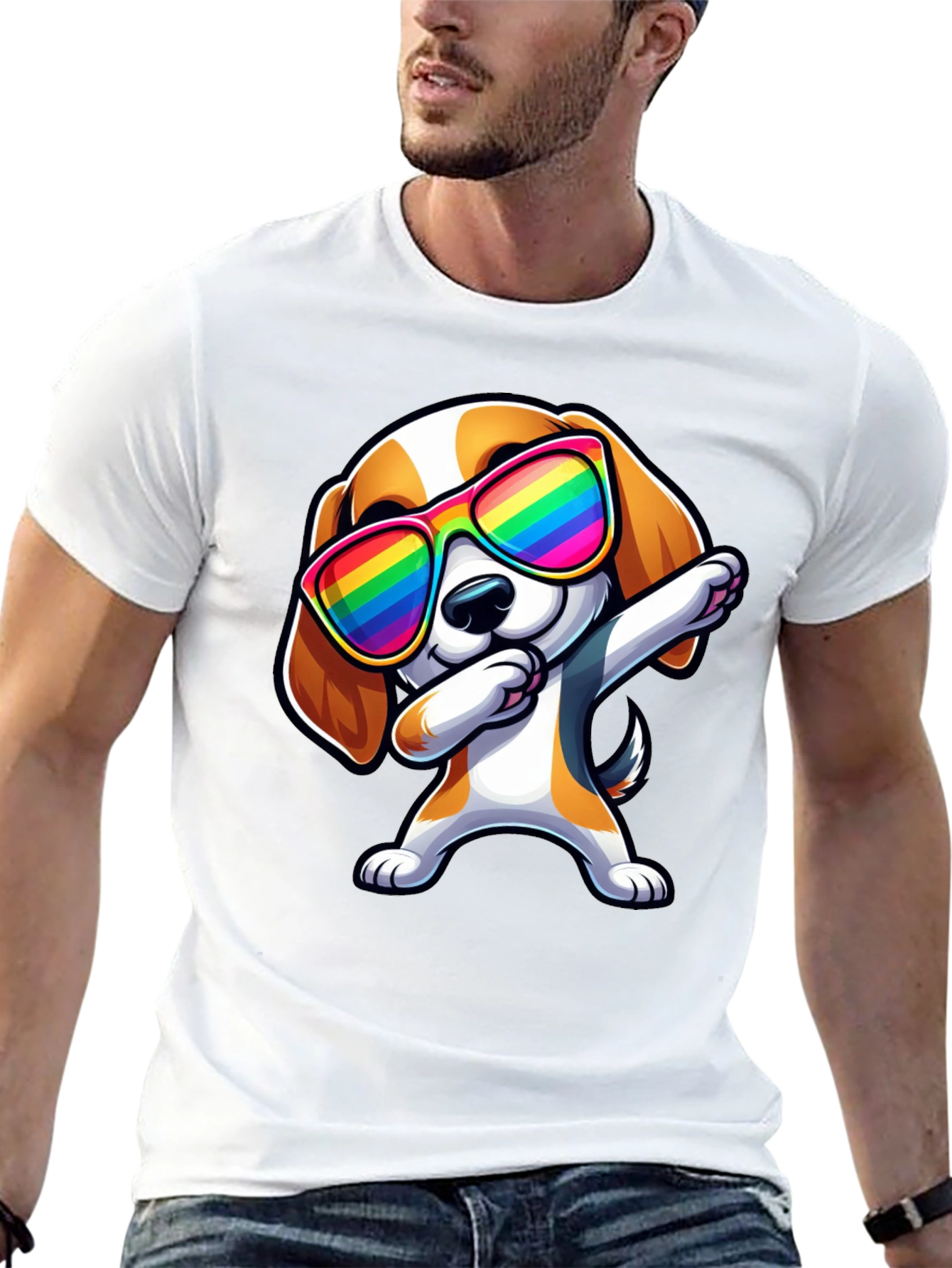 Dog Dabbing in Rainbow Glasses Black T-Shirt