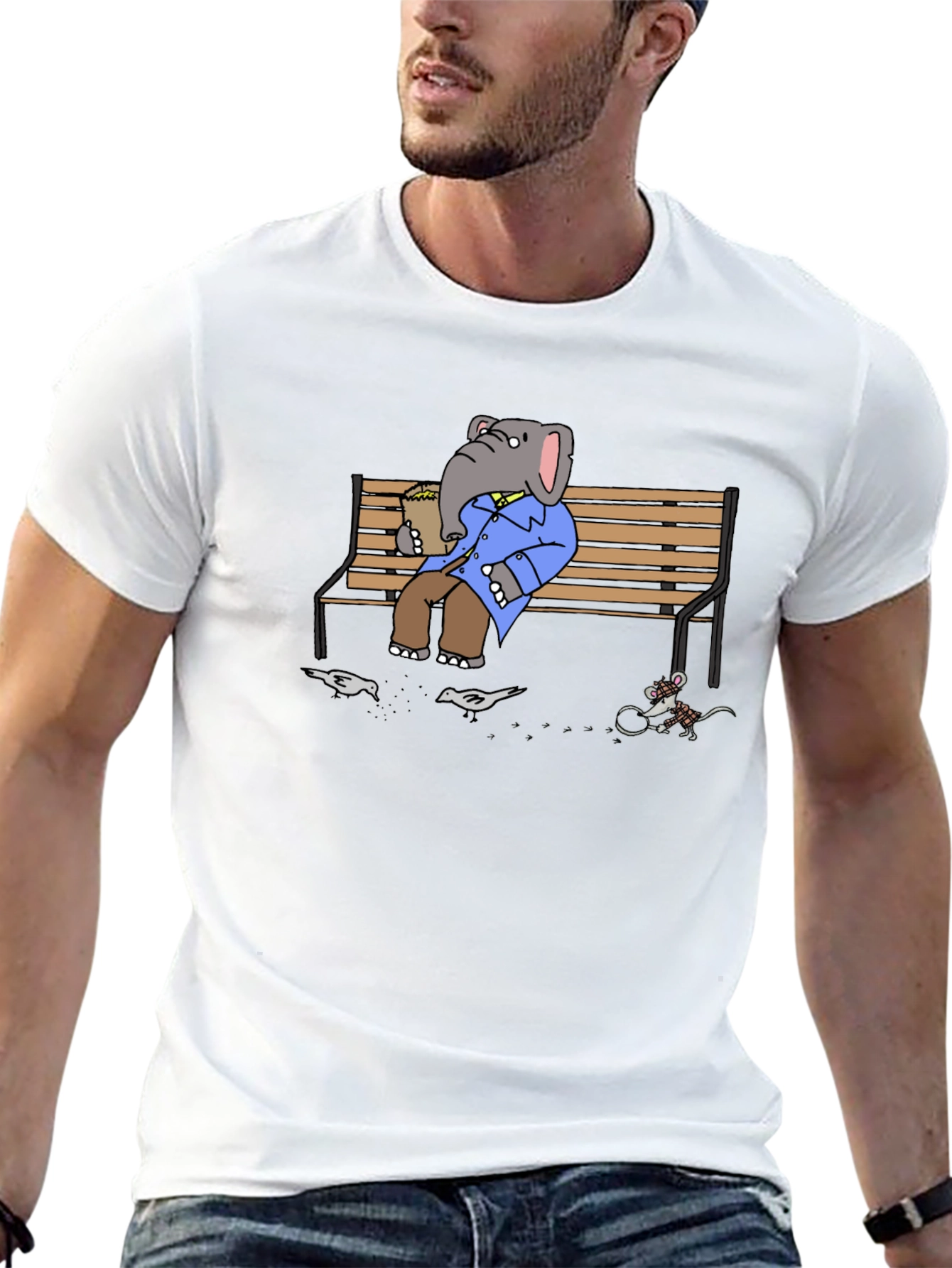 Elephant on Bench T-Shirt - Funny Cartoon Graphic Tee