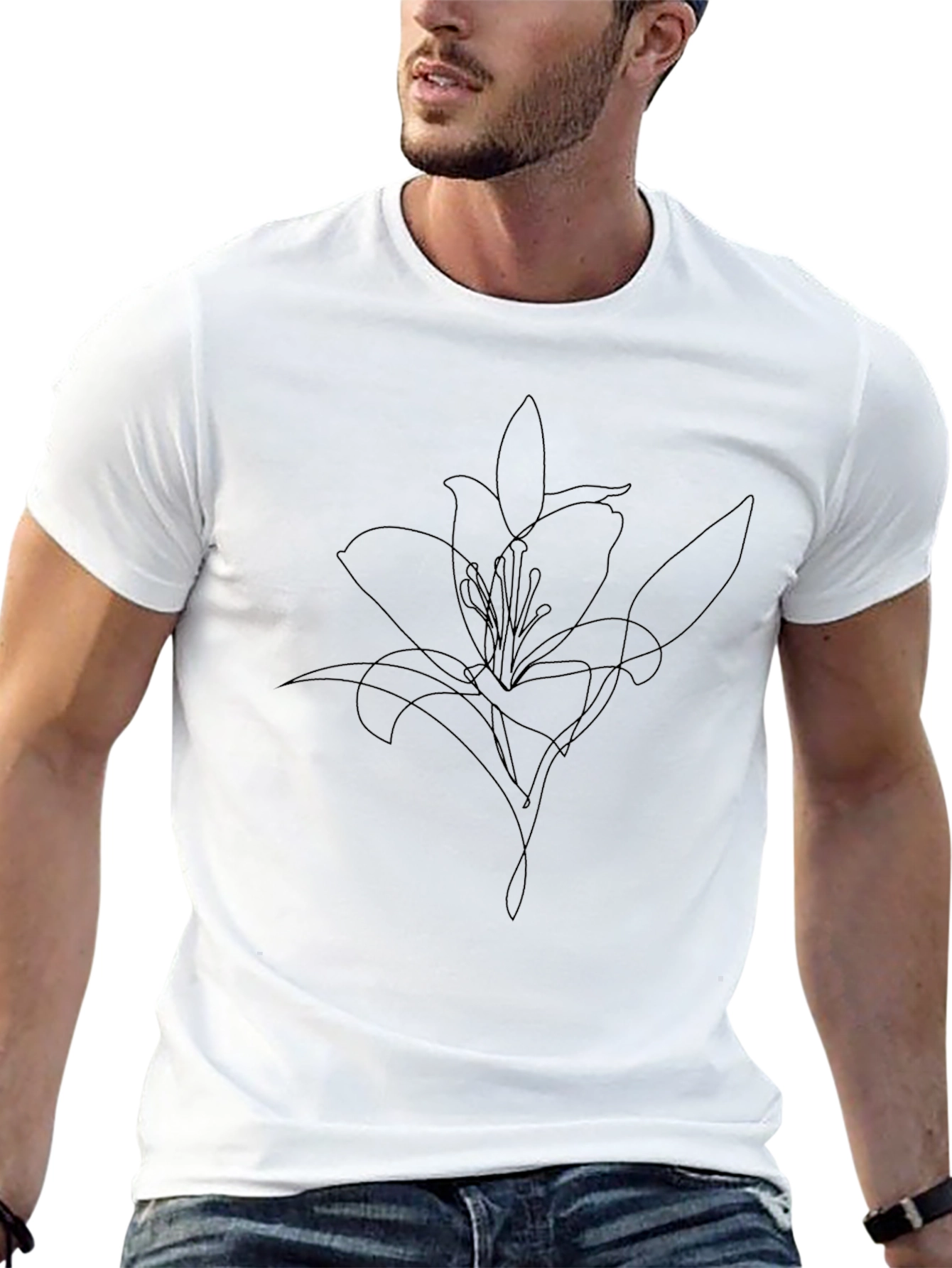 Minimalist Lily Line Art Black T-Shirt