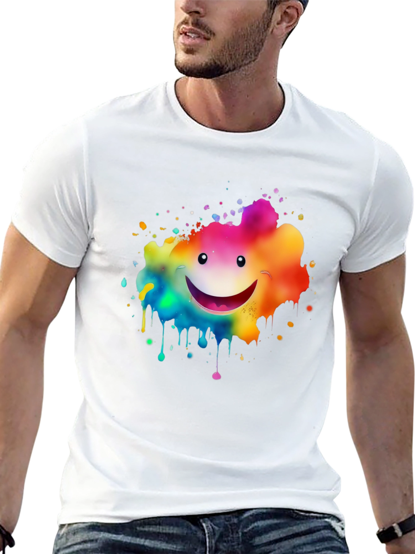 Rainbow Smiley Face Splatter Print Black T-Shirt