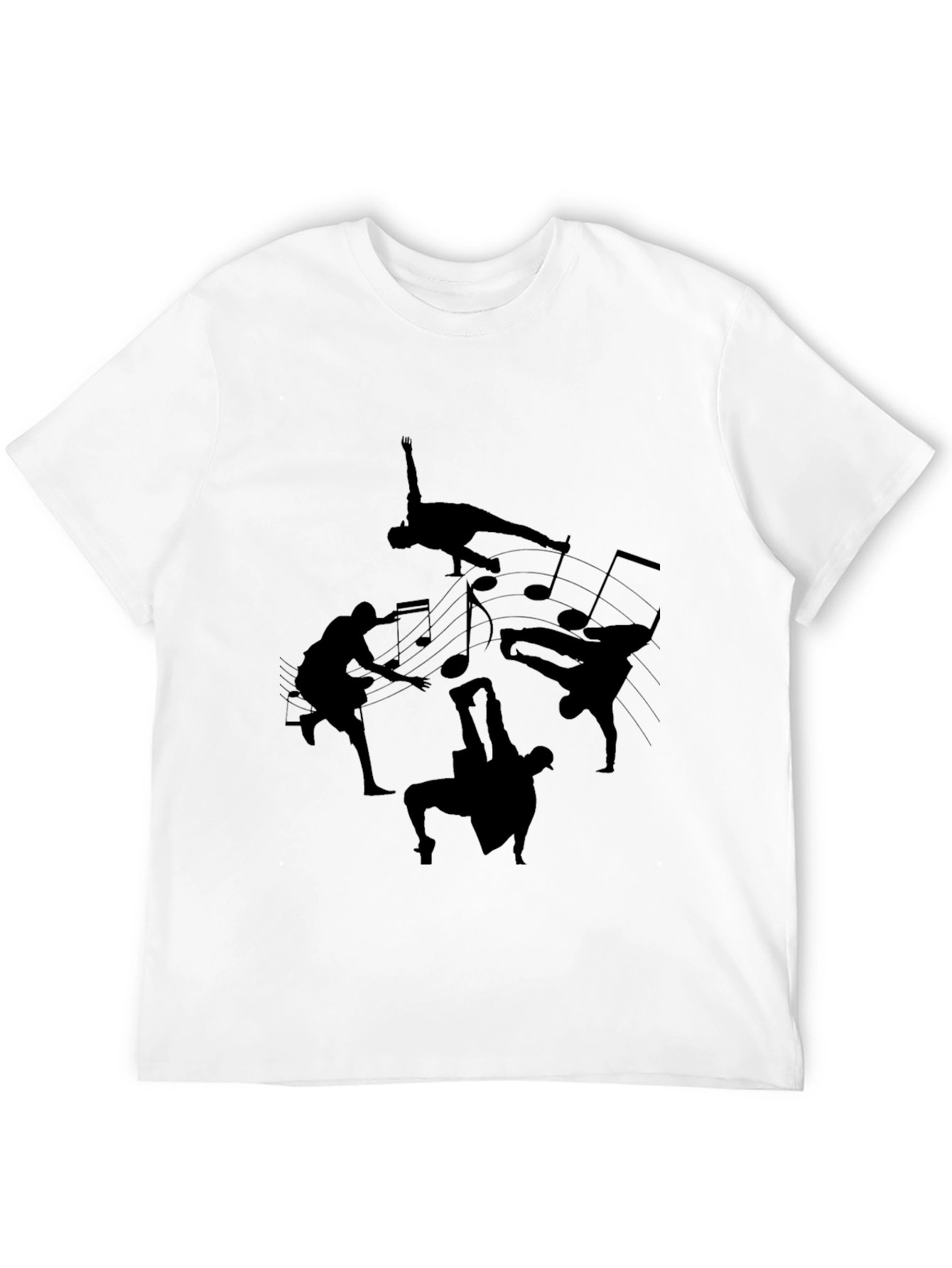 Black T-Shirt with Dance Silhouettes & Music Notes Design