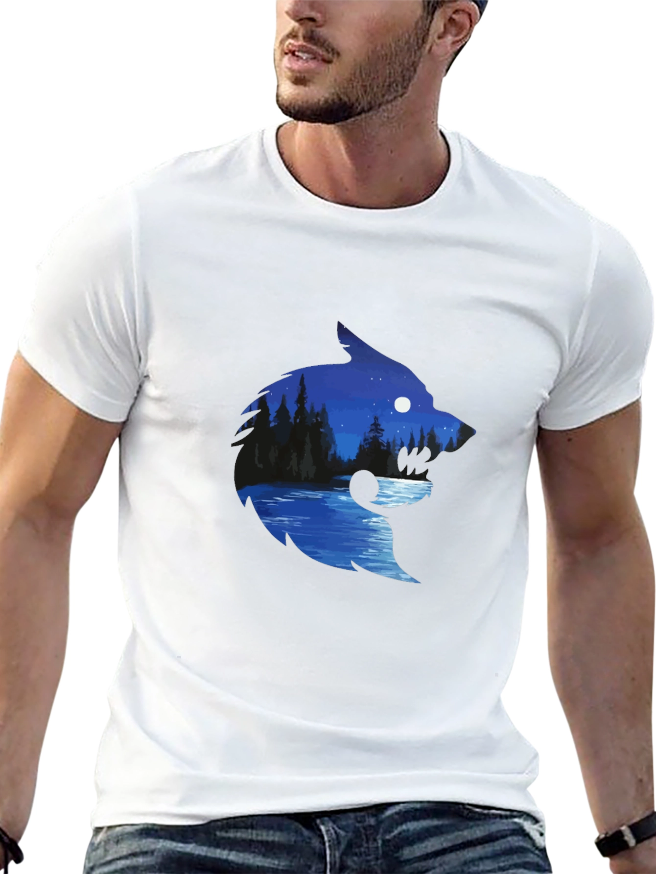Wolf Silhouette River Scene Graphic Tee - Black