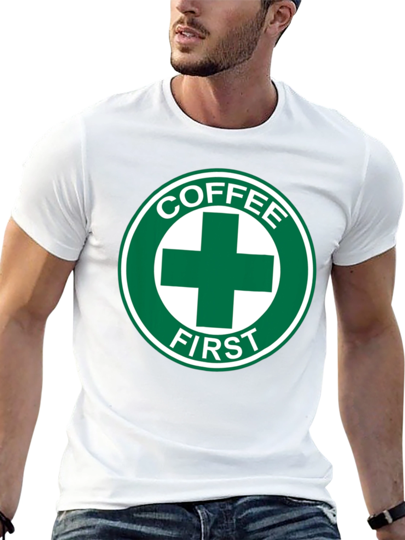 Coffee First T-Shirt - Green Cross Design