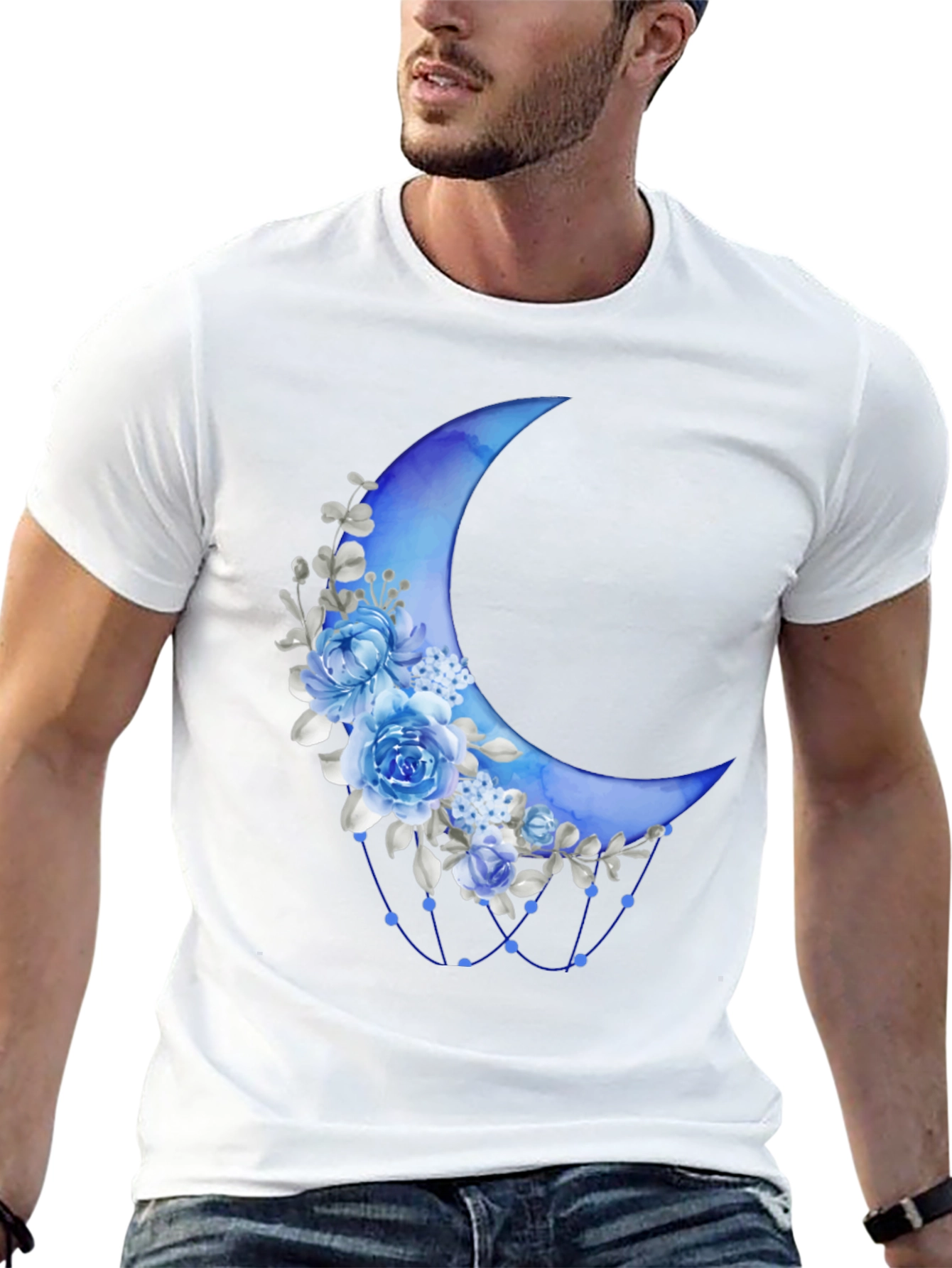 Floral Crescent Moon Black T-Shirt