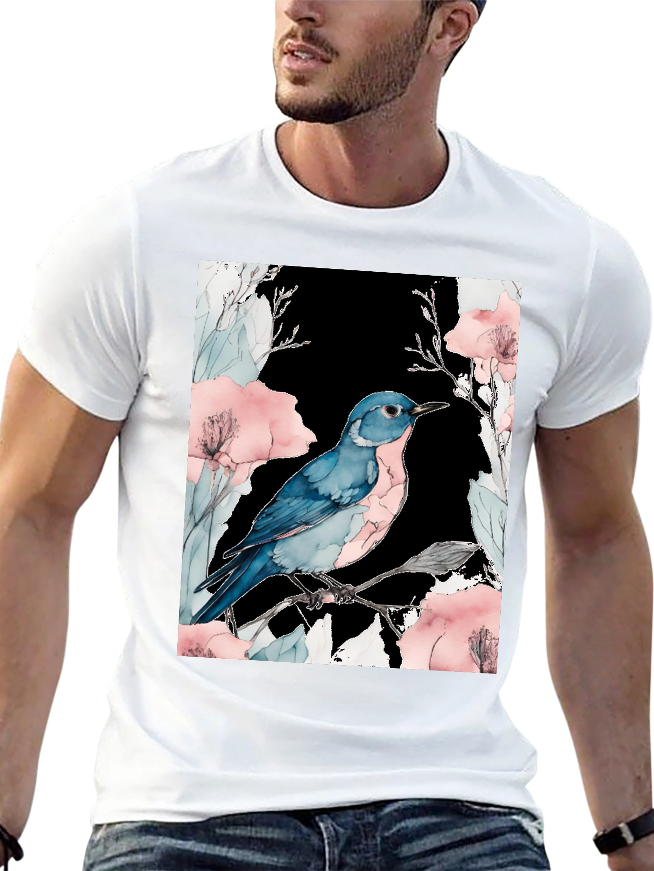 Blue Bird Floral Black T-Shirt