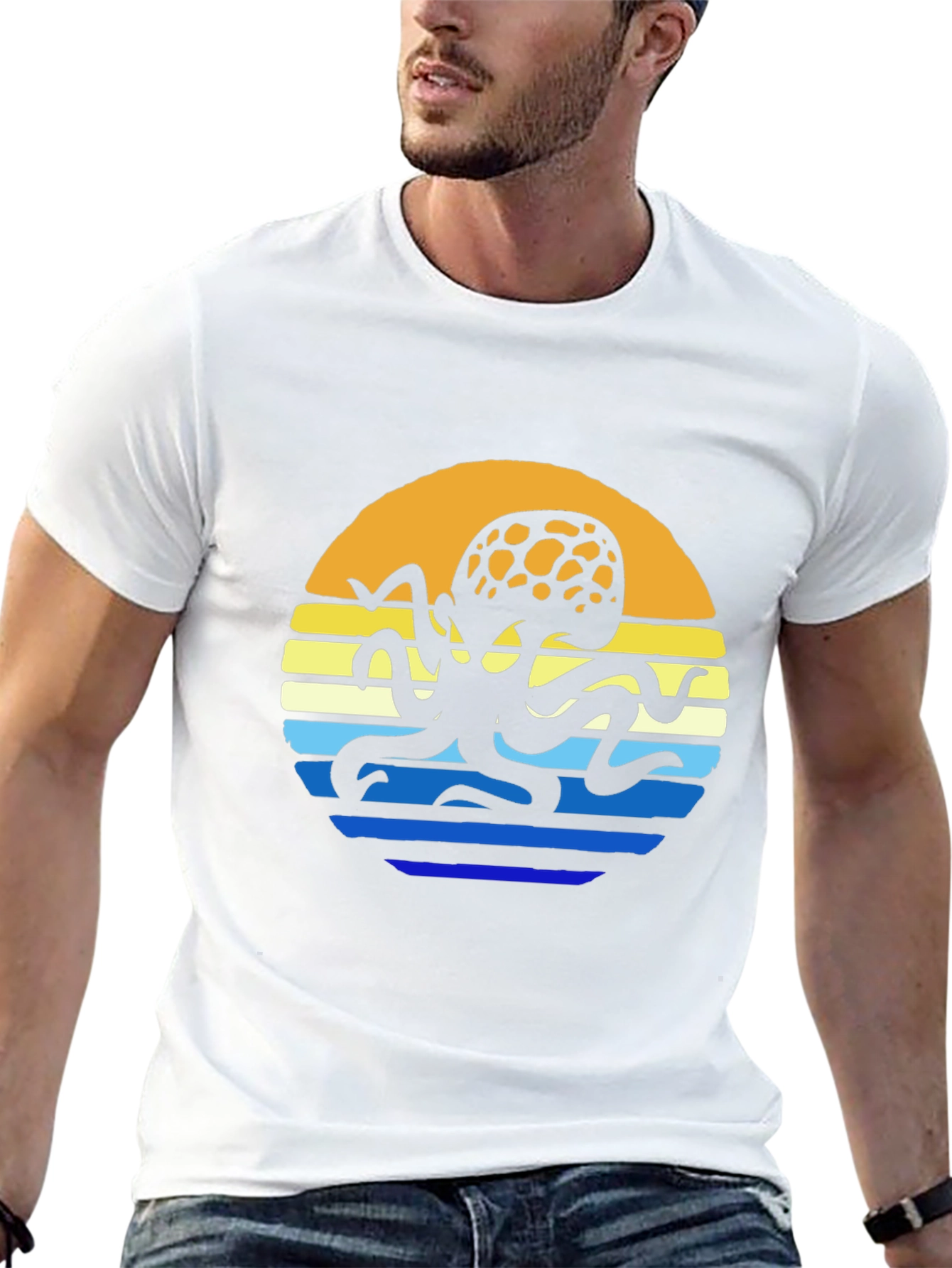 Sunset Octopus Graphic Tee - Black Cotton T-Shirt