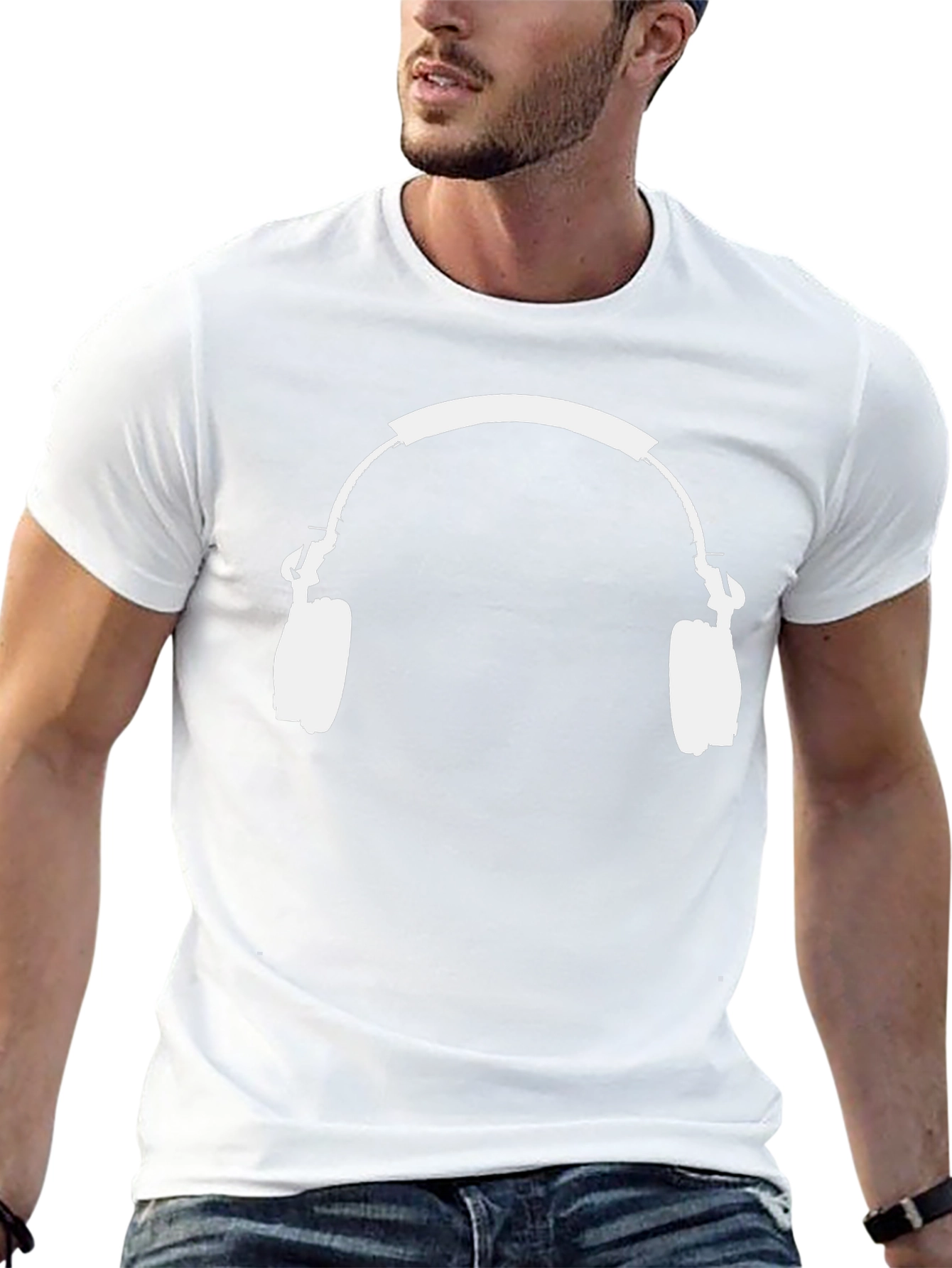 Black T-Shirt with White Headphones Graphic