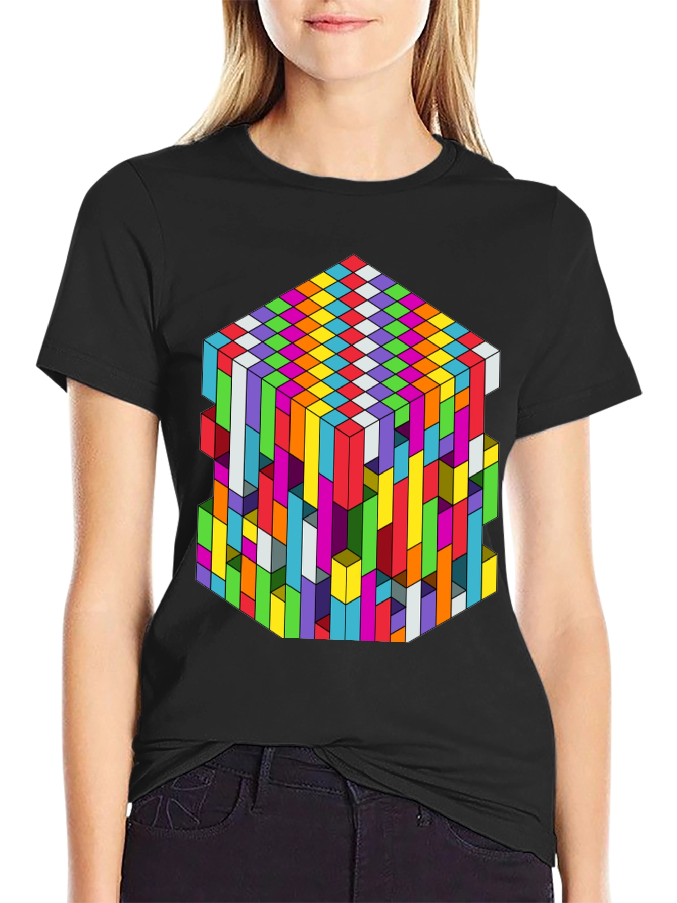 Geometric Illusion Cube Graphic Tee - Black