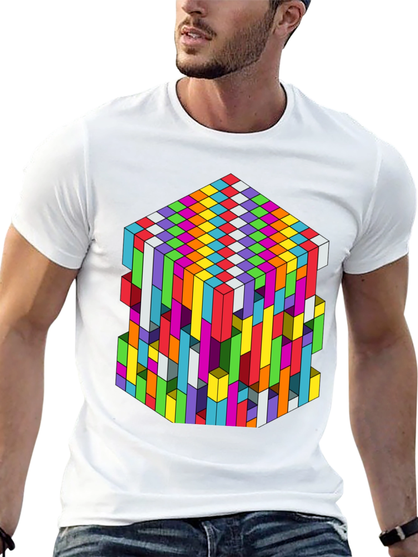 Geometric Illusion Cube Graphic Tee - Black