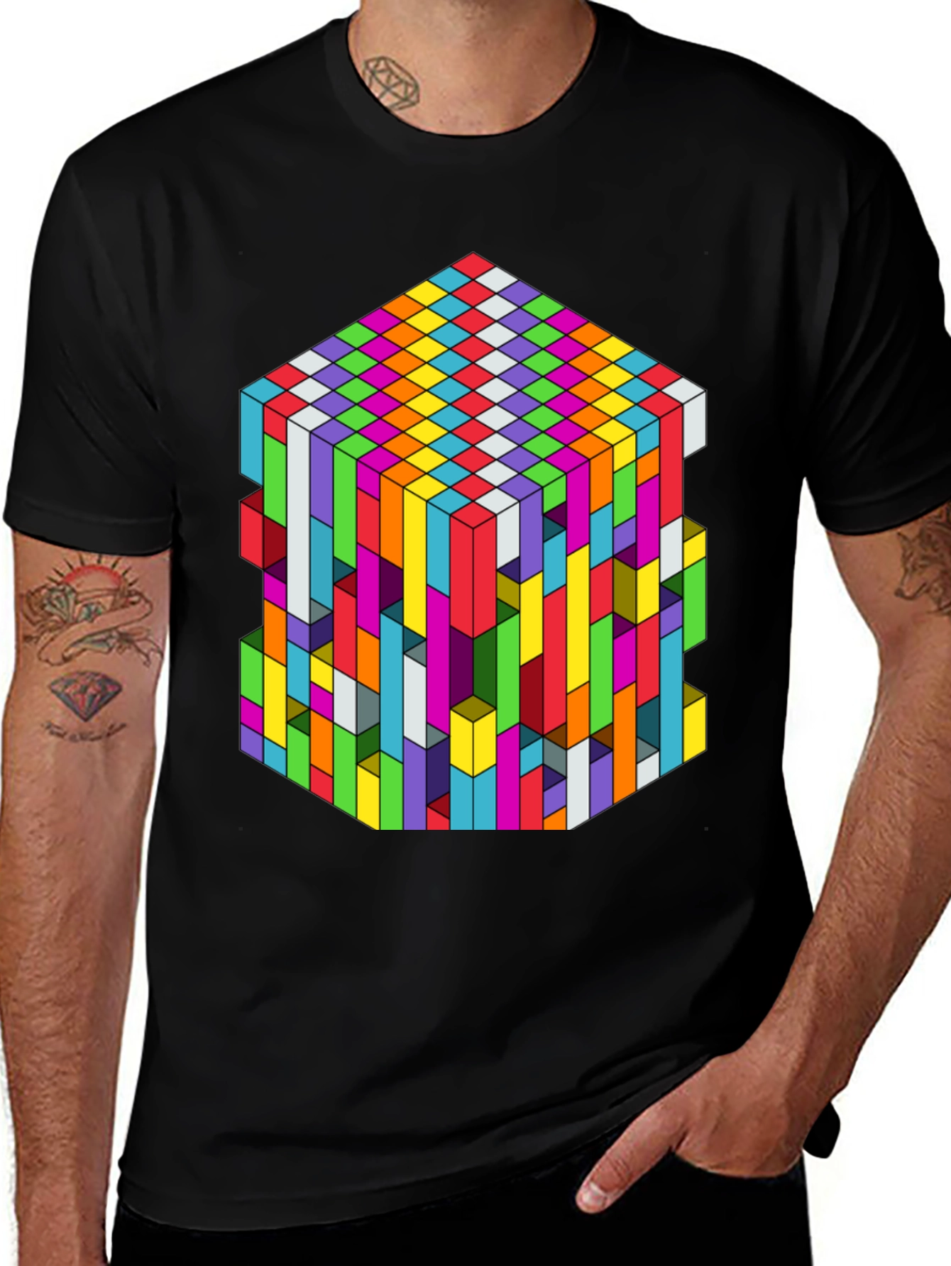 Geometric Illusion Cube Graphic Tee - Black