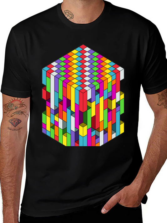 Geometric Illusion Cube Graphic Tee - Black