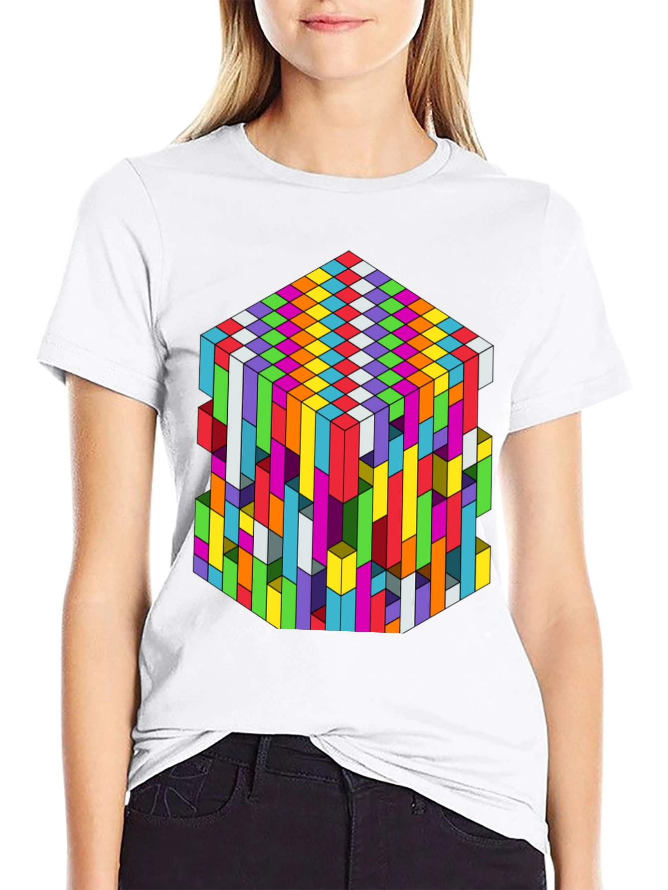Geometric Illusion Cube Graphic Tee - Black