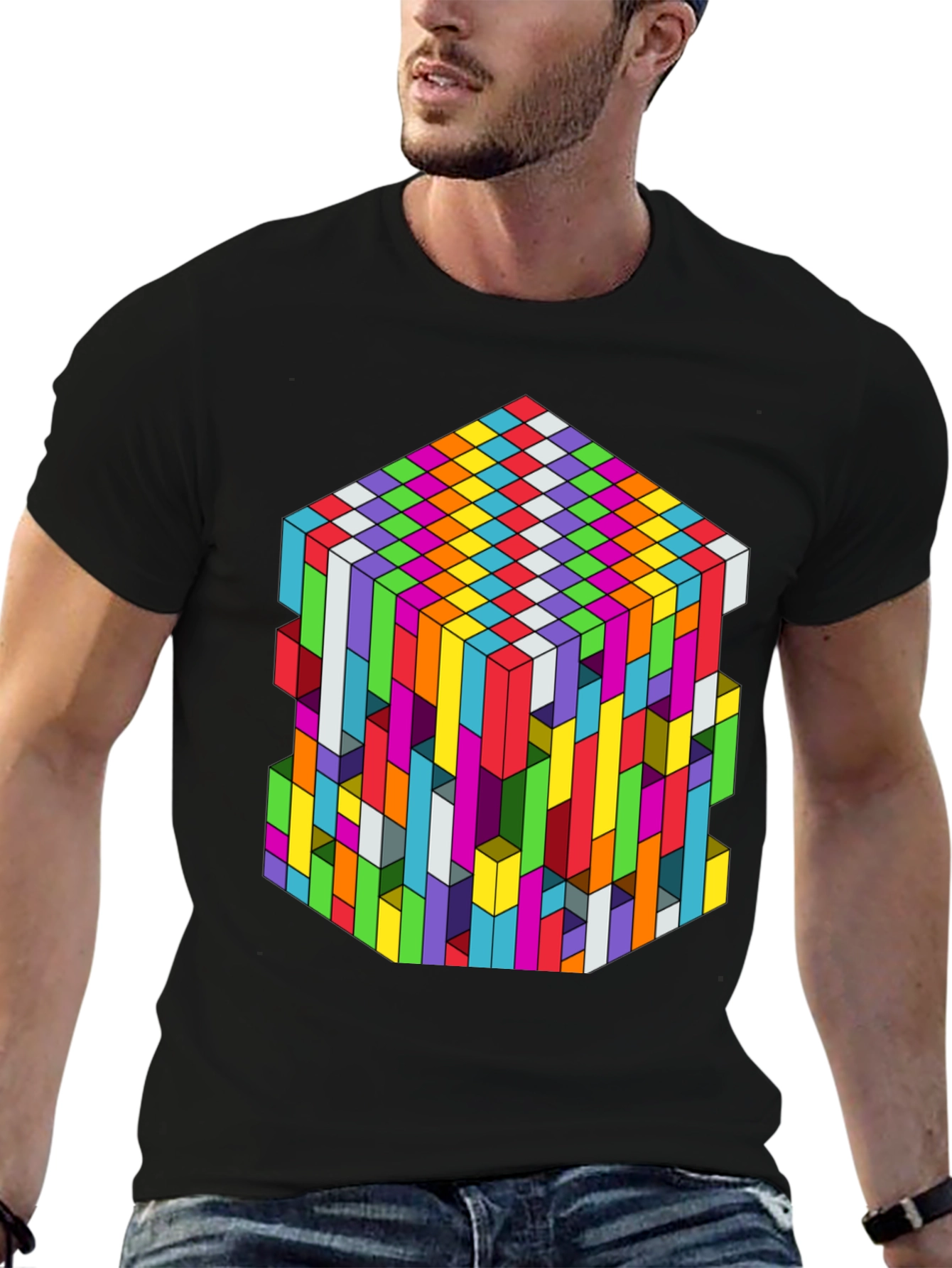 Geometric Illusion Cube Graphic Tee - Black