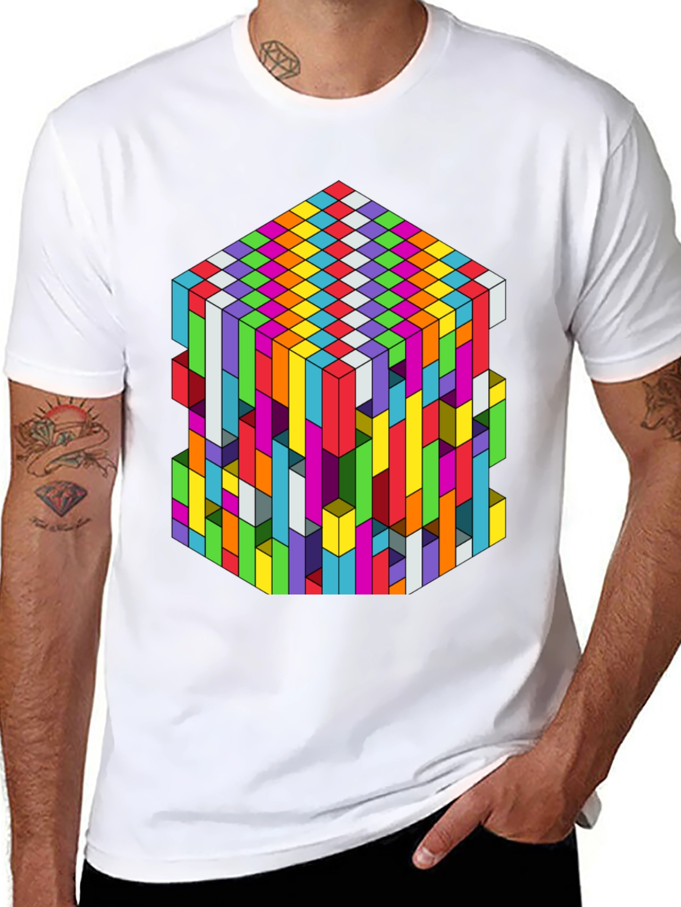 Geometric Illusion Cube Graphic Tee - Black