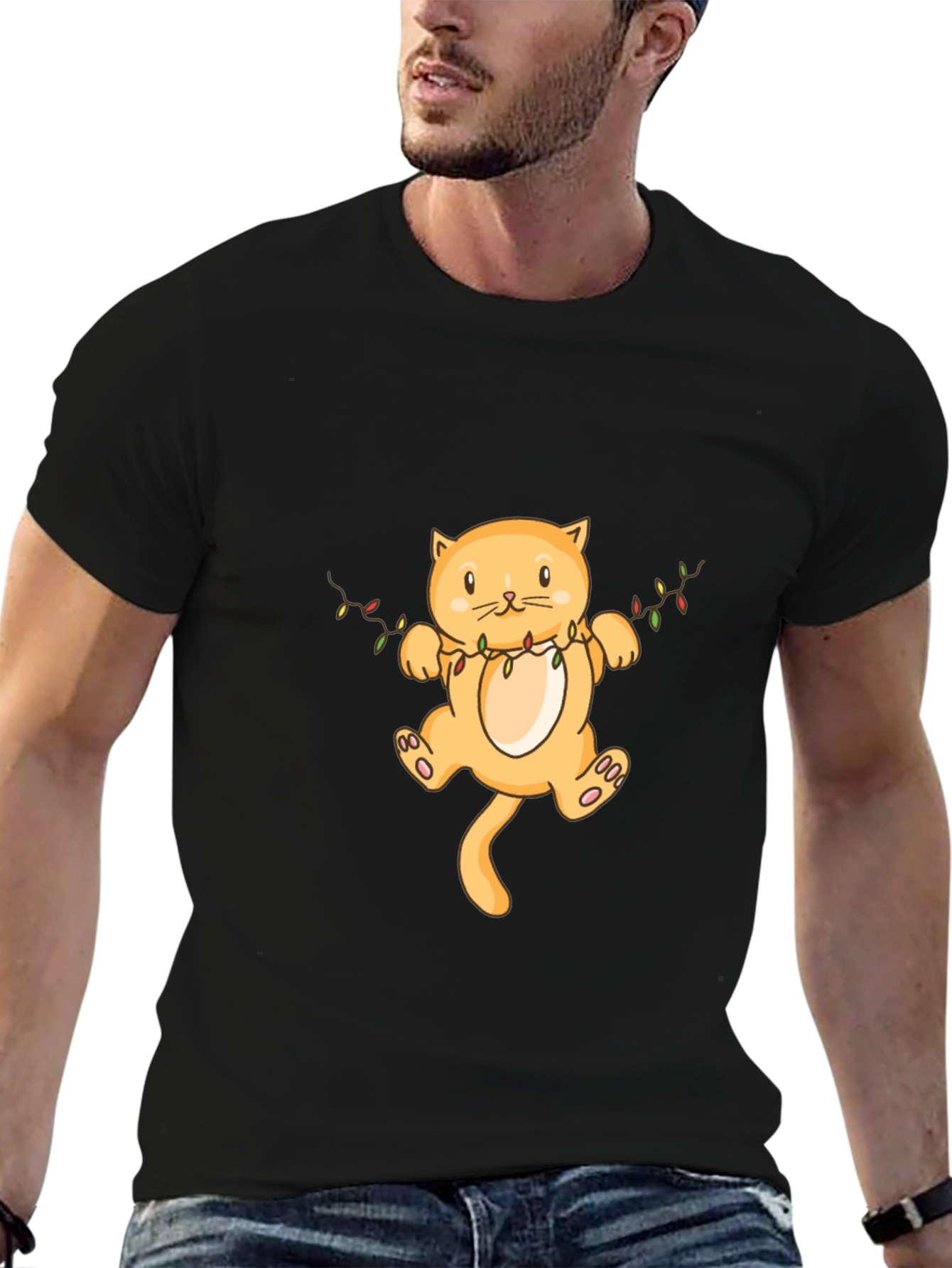 Festive Cat Graphic Tee - Black