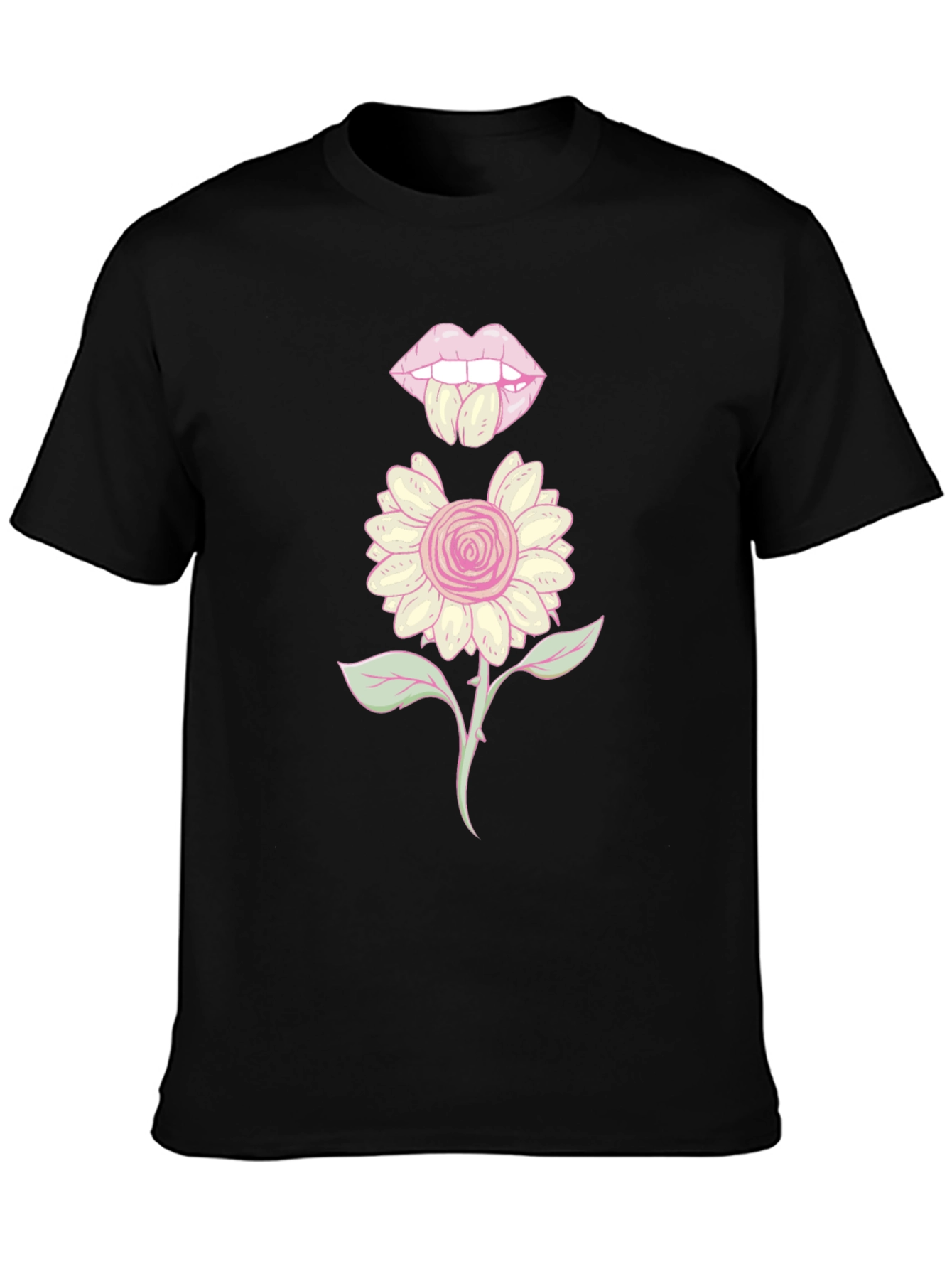 Black Graphic T-Shirt with Floral Lips Design