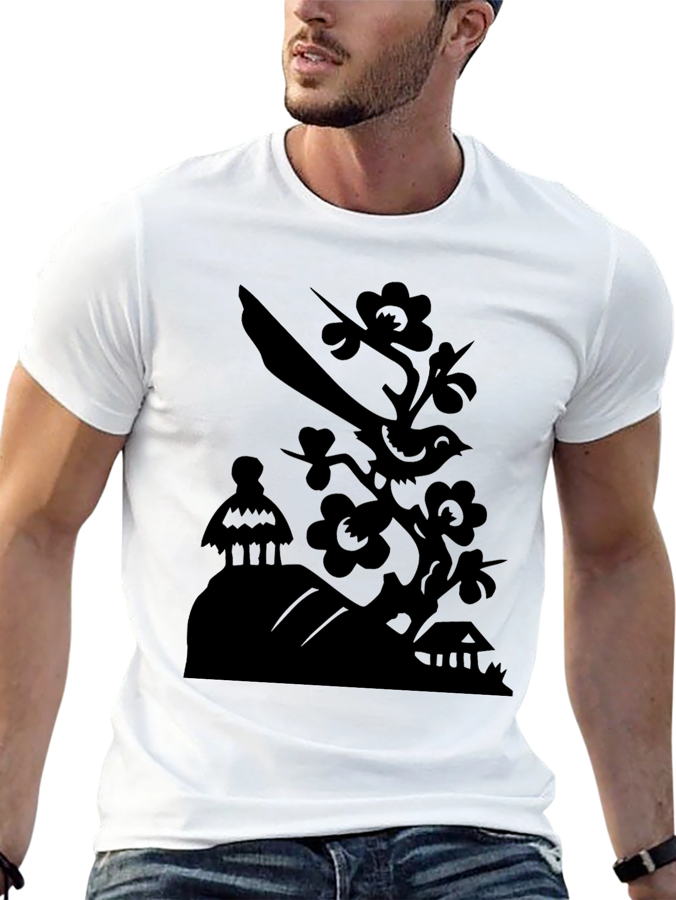 Bird on Branch Graphic Tee - Modern Black T-Shirt