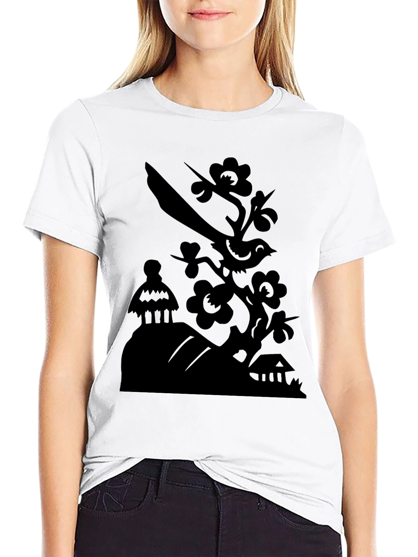Bird on Branch Graphic Tee - Modern Black T-Shirt