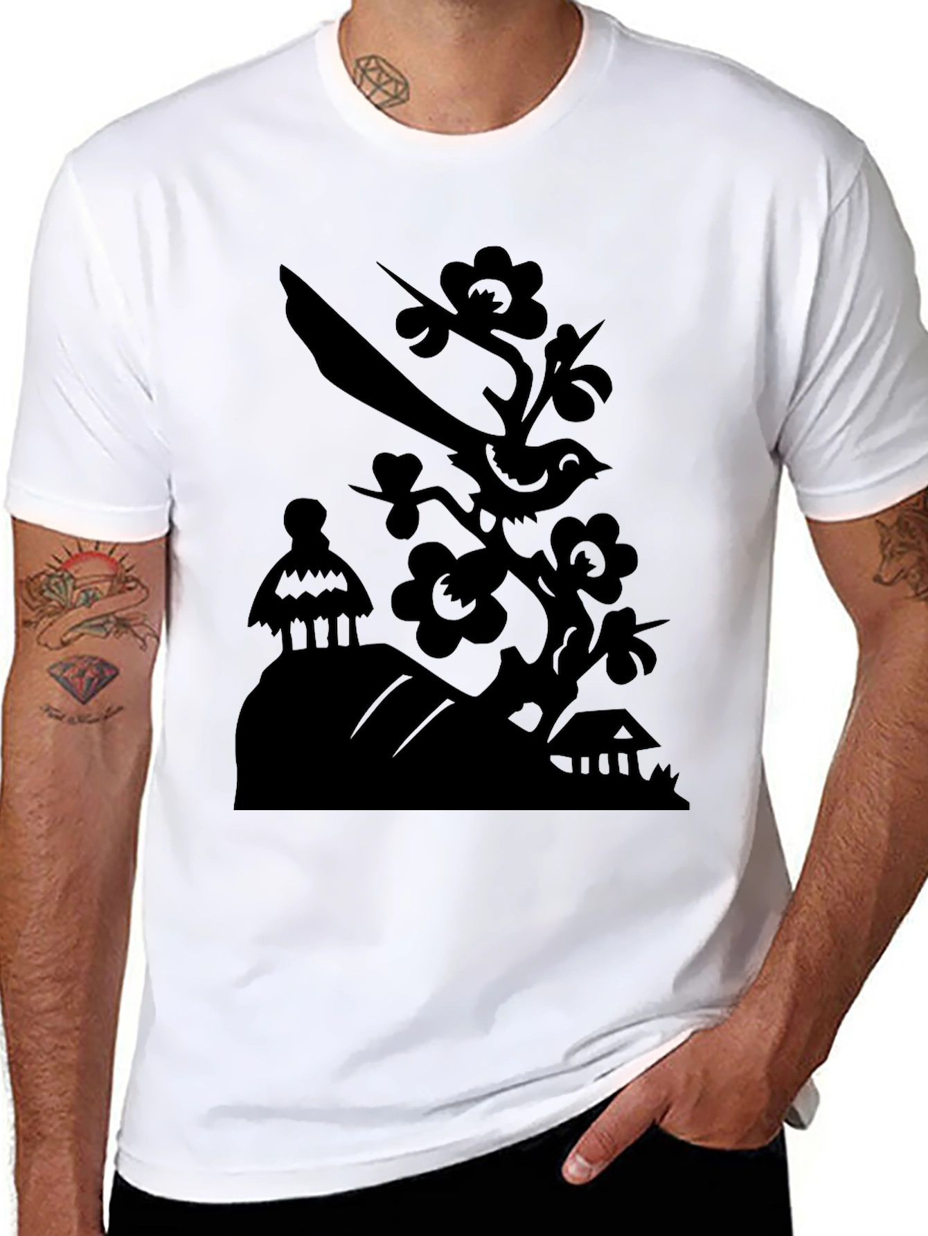 Bird on Branch Graphic Tee - Modern Black T-Shirt