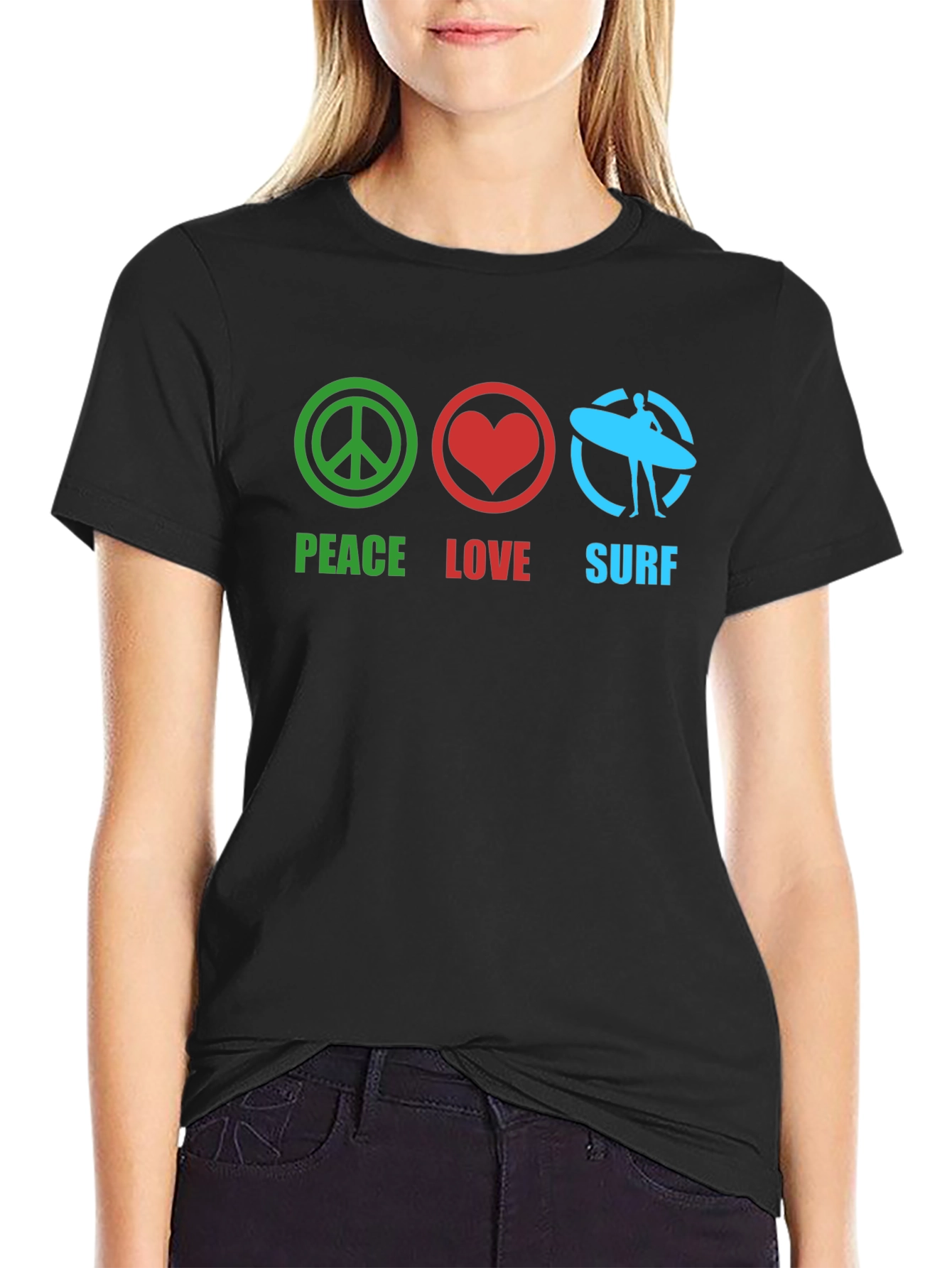 Peace Love Surf Black Graphic T-Shirt